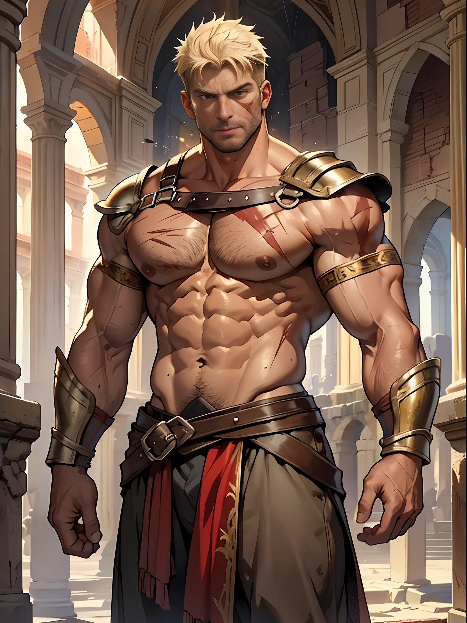 30 years old, male, white inch, stubble, huge muscles, mature man, muscle swelling, bodybuilding, pectoral muscles, abs, in the Colosseum, worn-out armor, scars, solemn expression, blood stains on the body, natural light, wheat-colored skin, 1man, divine light,
