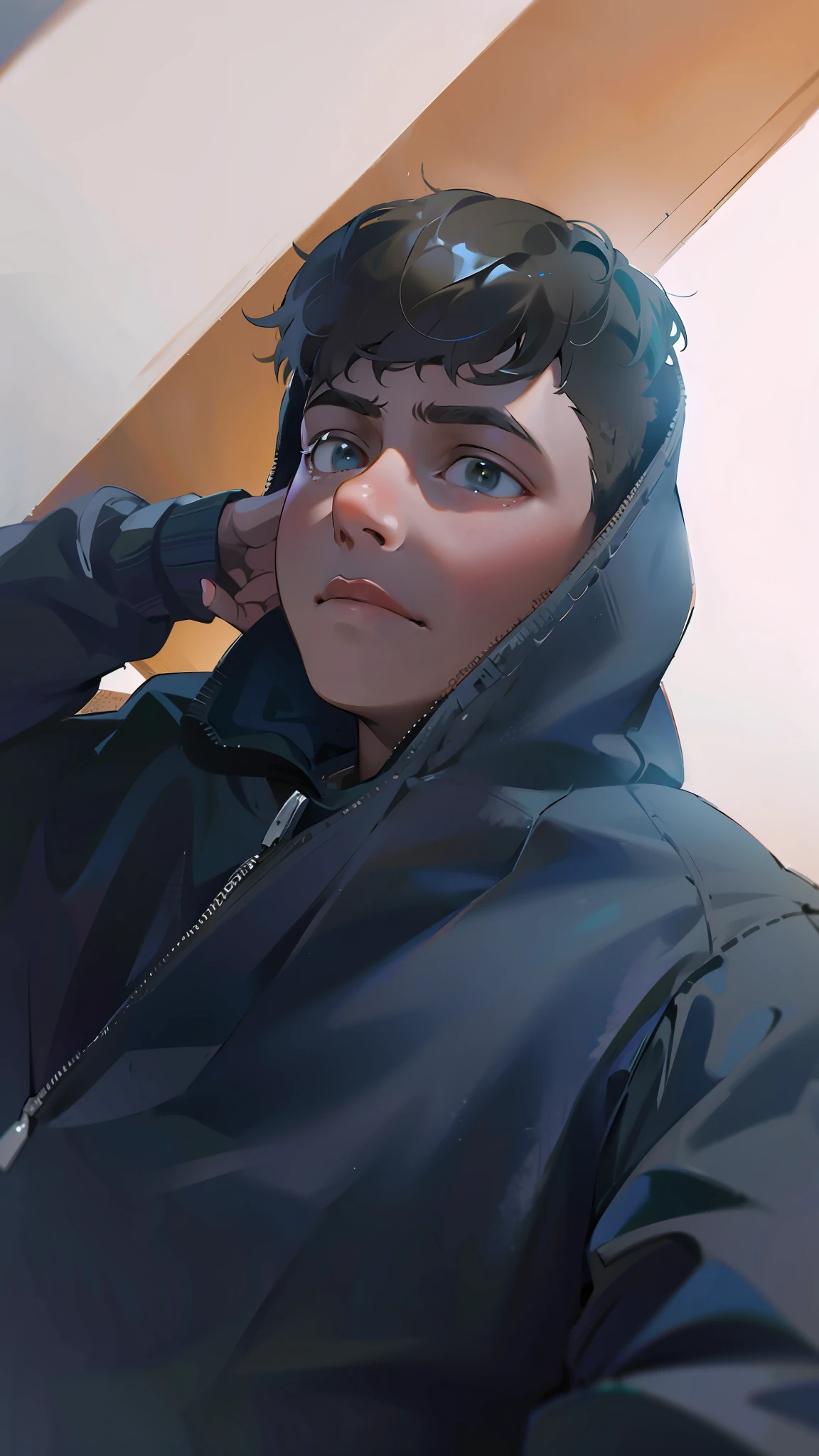Young boy in sweatshirt and short hair with one hand resting on his head with a serious expression