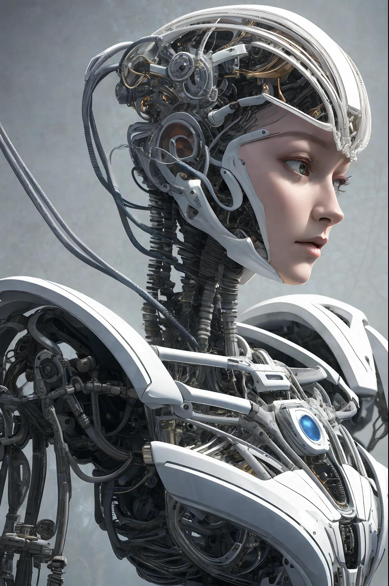 complex 3d render ultra detailed of a beautiful porcelain profile woman android face, cyborg, robotic parts, 150 mm, beautiful studio soft light, rim light, vibrant details, luxurious cyberpunk, lace, hyperrealistic, anatomical, facial muscles, cable electric wires, microchip, elegant, beautiful background, octane render, H. R. Giger style, 8k, best quality, masterpiece, illustration, an extremely delicate and beautiful, extremely detailed ,CG ,unity ,wallpaper, (realistic, photo-realistic:1.37),Amazing, finely detail, masterpiece,best quality,official art, extremely detailed CG unity 8k wallpaper, absurdres, incredibly absurdres, robot, silver halmet, full body, sitting