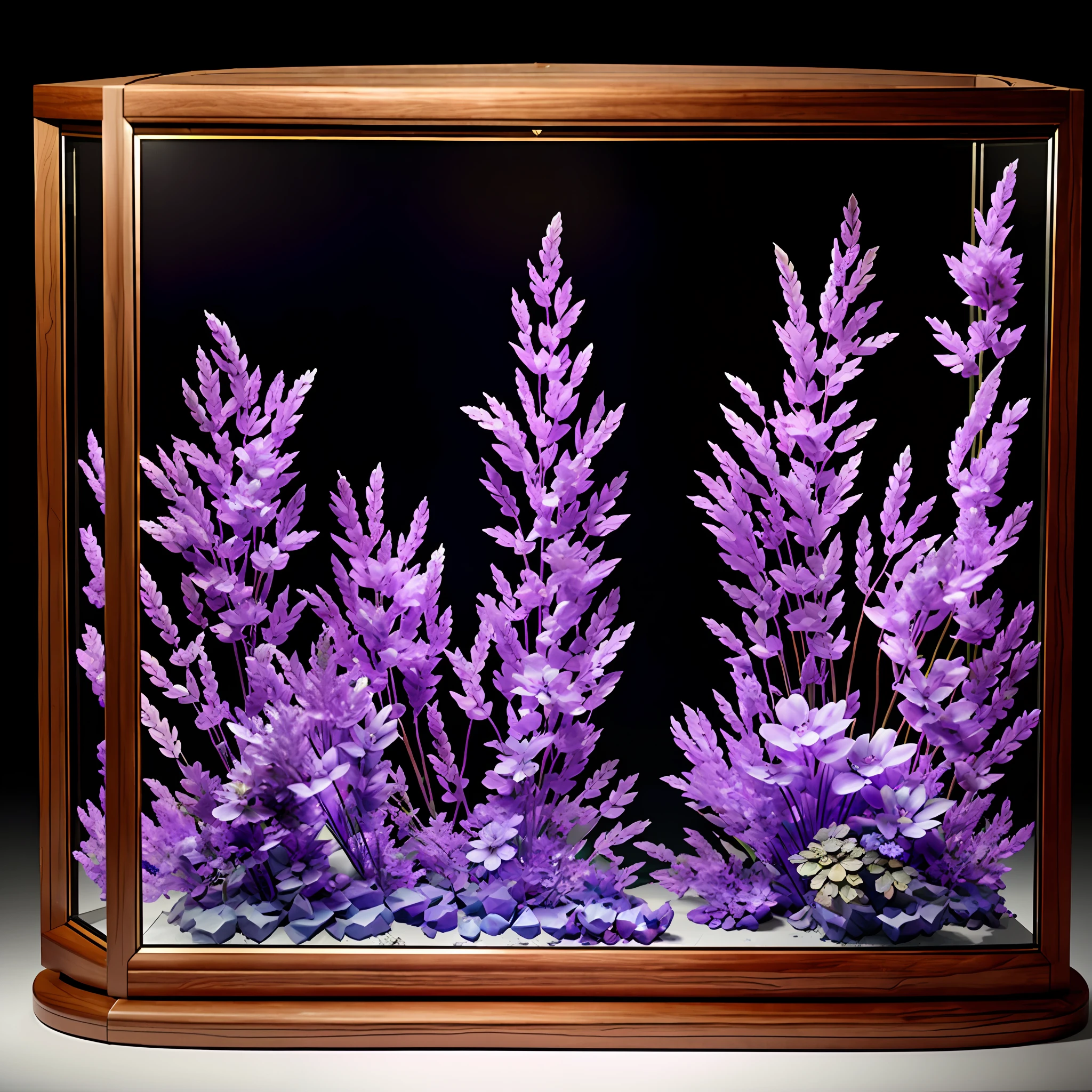 Amethyst sculpted wood, stereoscopic lighting, museum display case