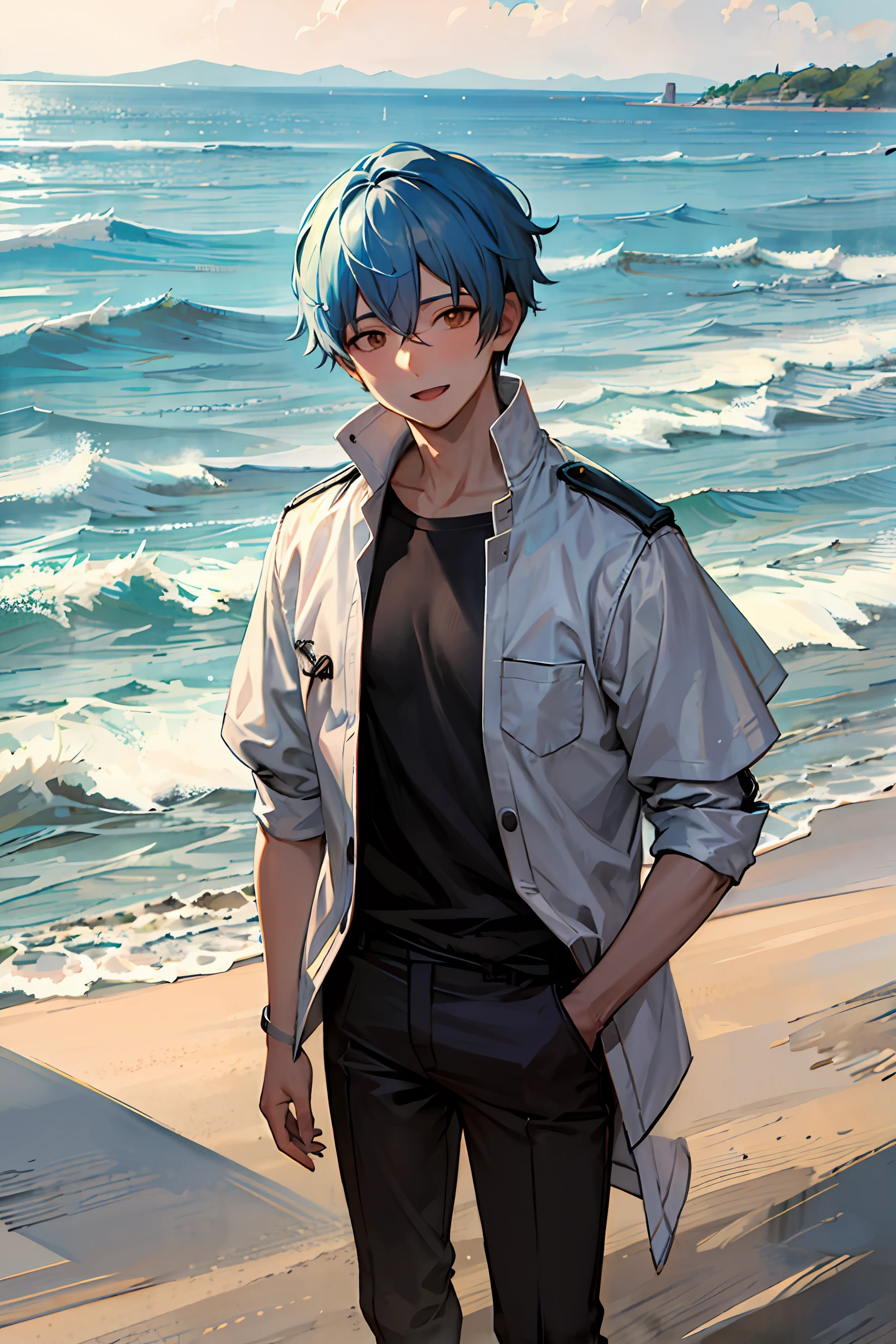 Create a handsome character named Takumi Oshima with a mesh hairstyle in shades of aqua. He stands tall at around 180cm with a slim physique. Takumi has a well-groomed face, notable for his captivating smile. His fashion style is casual, often seen wearing a shirt with aqua mesh patterns, paired with denim pants. Completing his outfit are a pair of white sneakers. Takumi is known for his outgoing and cheerful personality. He effortlessly brings smiles to those around him, radiating positive energy wherever he goes. In his free time, he enjoys playing basketball with his friends on weekends. He is also passionate about music and occasionally plays the guitar