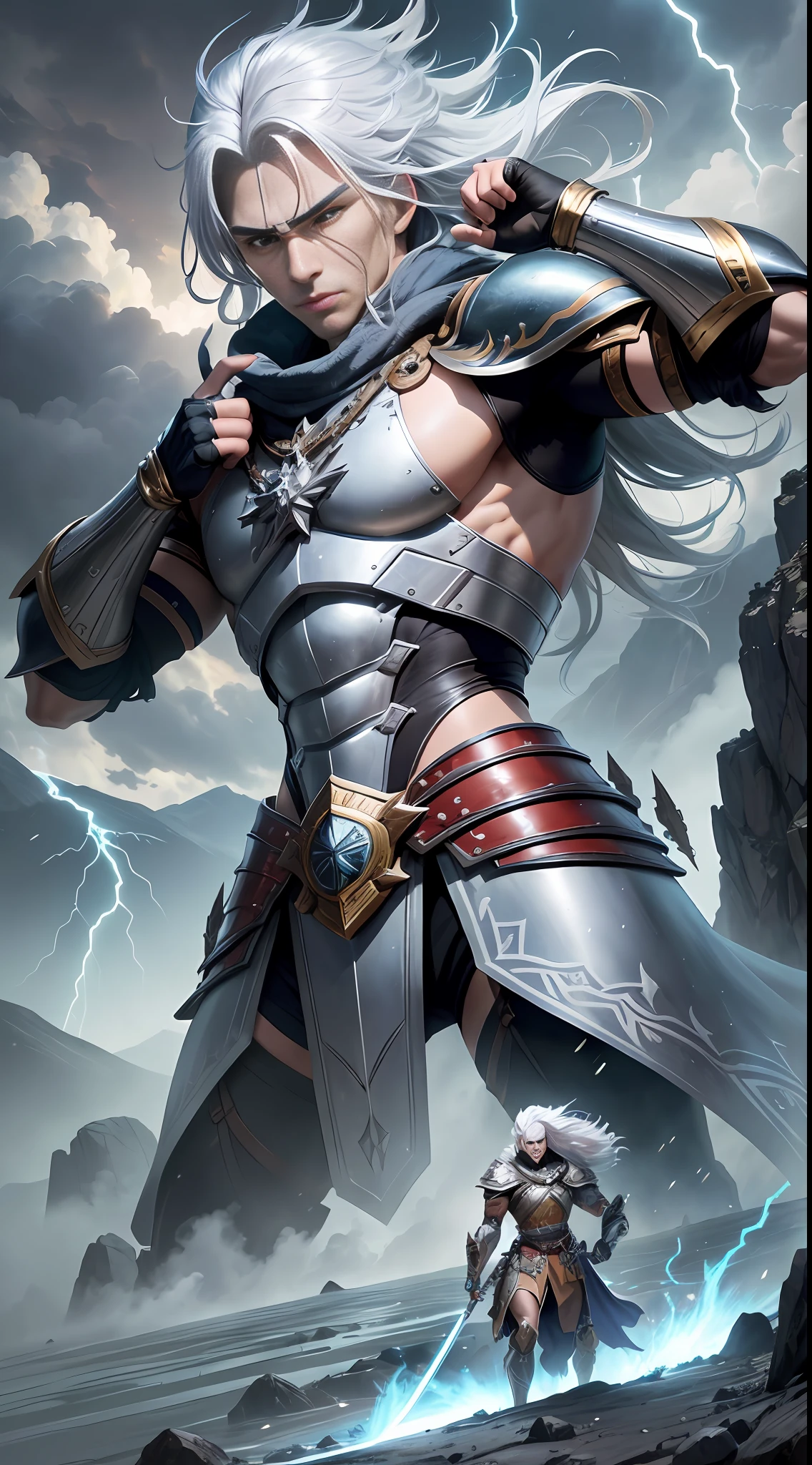 The scene depicts a group of Varnathi Warriors in an imposing formation. They are positioned in a mountainous landscape, with steep cliffs in the background and a dramatic sky laden with dark clouds and lightning, indicating an impending battle., Each warrior is portrayed in striking detail. Kentarion, the leader, stands in the center, raising his silver sword in a gesture of command. His silver hair glows brightly under the lightning, highlighting his charismatic and authoritative presence., Around Kentarion, the other Varnathi Warriors are strategically positioned. Each has unique characteristics that distinguish them. Some are equipped with imposing armor, displaying the strength and courage that make them formidable in combat., The facial expressions of warriors convey determination and focus, reflecting their readiness for battle. Their postures demonstrate skill and confidence, while their weapons shine with power and dexterity., The color palette is d, silver hair, red hair, black hair, modern, anime, reflection light, cinematic lighting, drop shadow, Ultra-Wide Angle, Wide-Angle, diffraction spikes, cowboy shot, UHD, super detail, high quality, best quality, 1080P, 8k