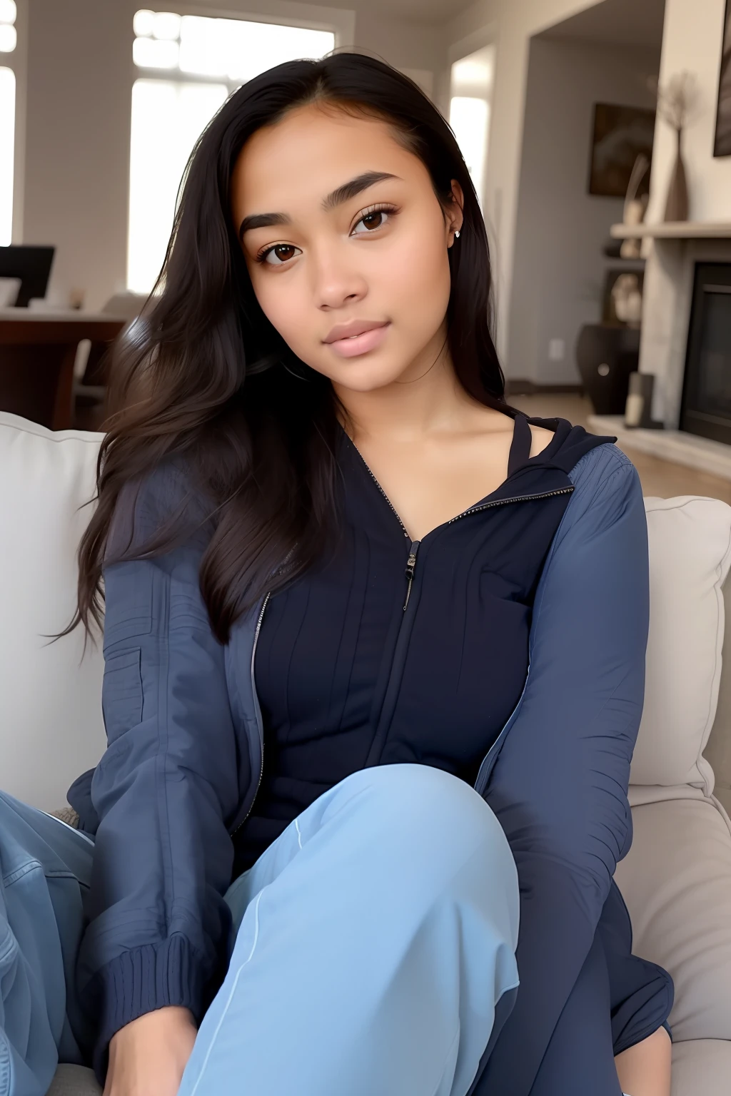Forrealist of a mixed-race, extremely beautiful, 17-year-old, full-bodied, wearing comfortable winter clothes, looking at the viewer, in high definition, sitting on a comfortable sofa in a living room of a high-end house,