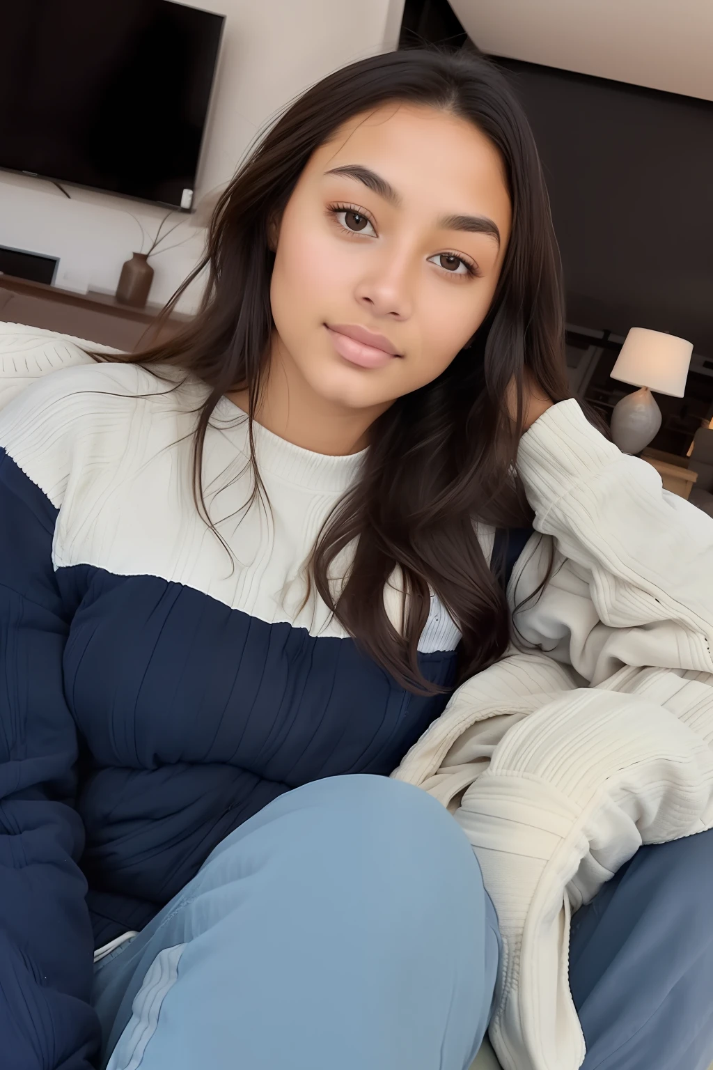 Forrealist of a mixed-race, extremely beautiful, -yeld, f-bodied, wearing comfortable winter clothes, looking at the viewer, in high definition, sitting on a comfortable sofa in a living room of a high-end house,