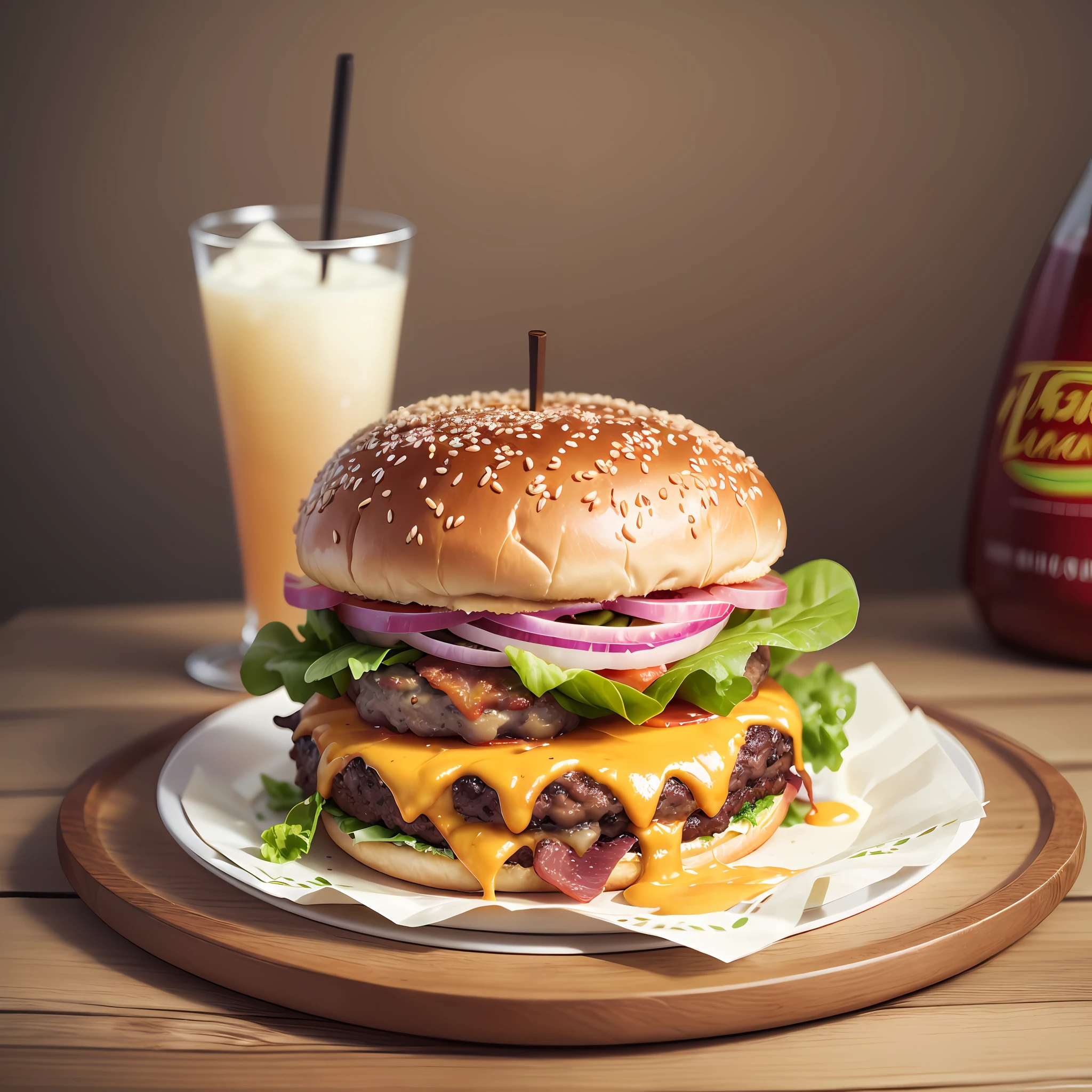 There's a big burger with cheese and lettuce and ham on a plate, super realistic food picture, glass of juice on the side
