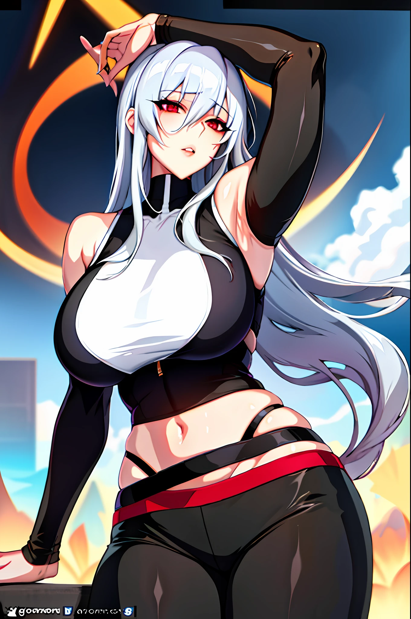 1girl, bangs, bare shoulders, black pants, breasts, breasts squeezed together, gray background, hair between eyes, huge breasts, long hair, looking at the audience, pants, lips apart, red eyes, shirt, simple background, sleeveless, sleeveless shirt, solo, turtleneck, v arms, white hair, realist, photorealistic, (shiny skin: 1.2)