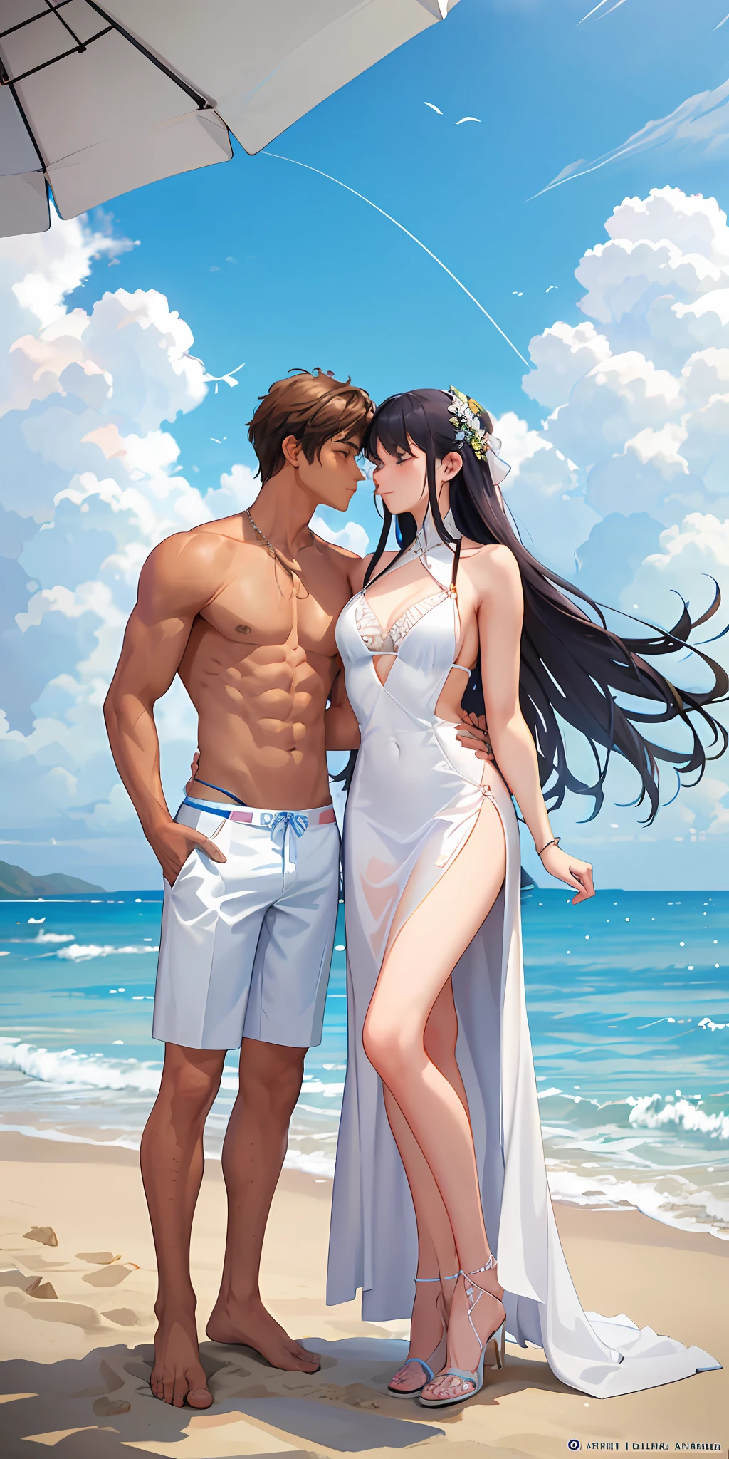 Two young people who are in love with each other have locked their eyes with each other and kissing. The man is muscular and lean with an open shirt and white shorts. The woman is beautiful and is wearing a white georgette half gown. Full body photo with beach background and sun in the sky with scattered clouds in between. The man’s arms are around the woman’s back. The woman’s arms cup the man’s face. Detailed work with good quality.