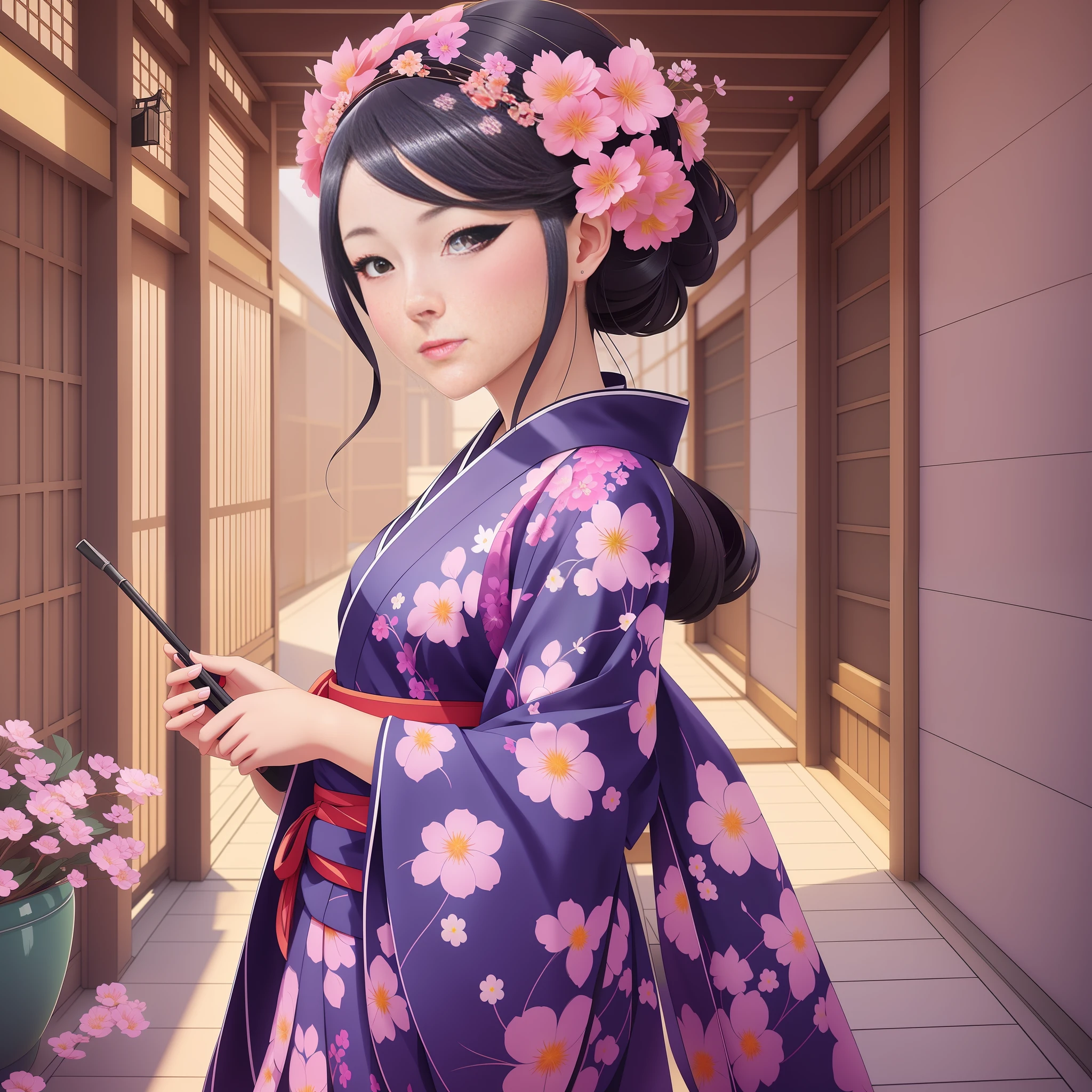 arafed woman in a kimono with flowers on her head, beautiful digital artwork, beautiful digital illustration, beautiful digital painting, gorgeous digital painting, artwork in the style of guweiz, photorealistic anime girl render, smooth anime cg art, beautiful digital art, great digital art with details, stunning digital illustration, detailed digital anime art, render of april, beautiful anime portrait