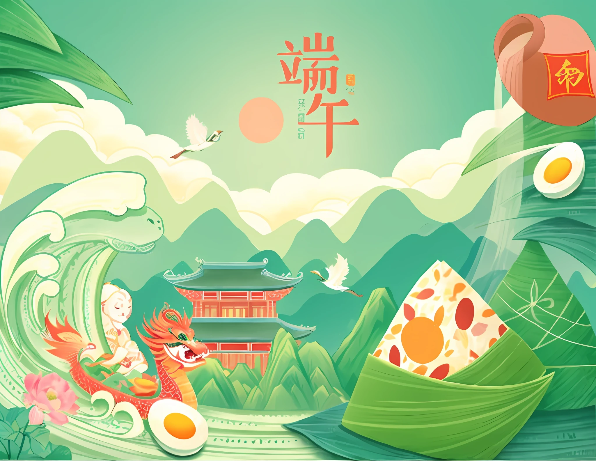 there is a poster with a dragon and a dragon boat in the water, dreamland of chinese, highly detailed illustration.”, summer festival in background, chinese watercolor style, ancient china art style, a beautiful artwork illustration, chinese heritage, flat illustration, highly detailed illustration, awesome greate composition, chinese style painting, chinese painting style, higher detailed illustration, 6k