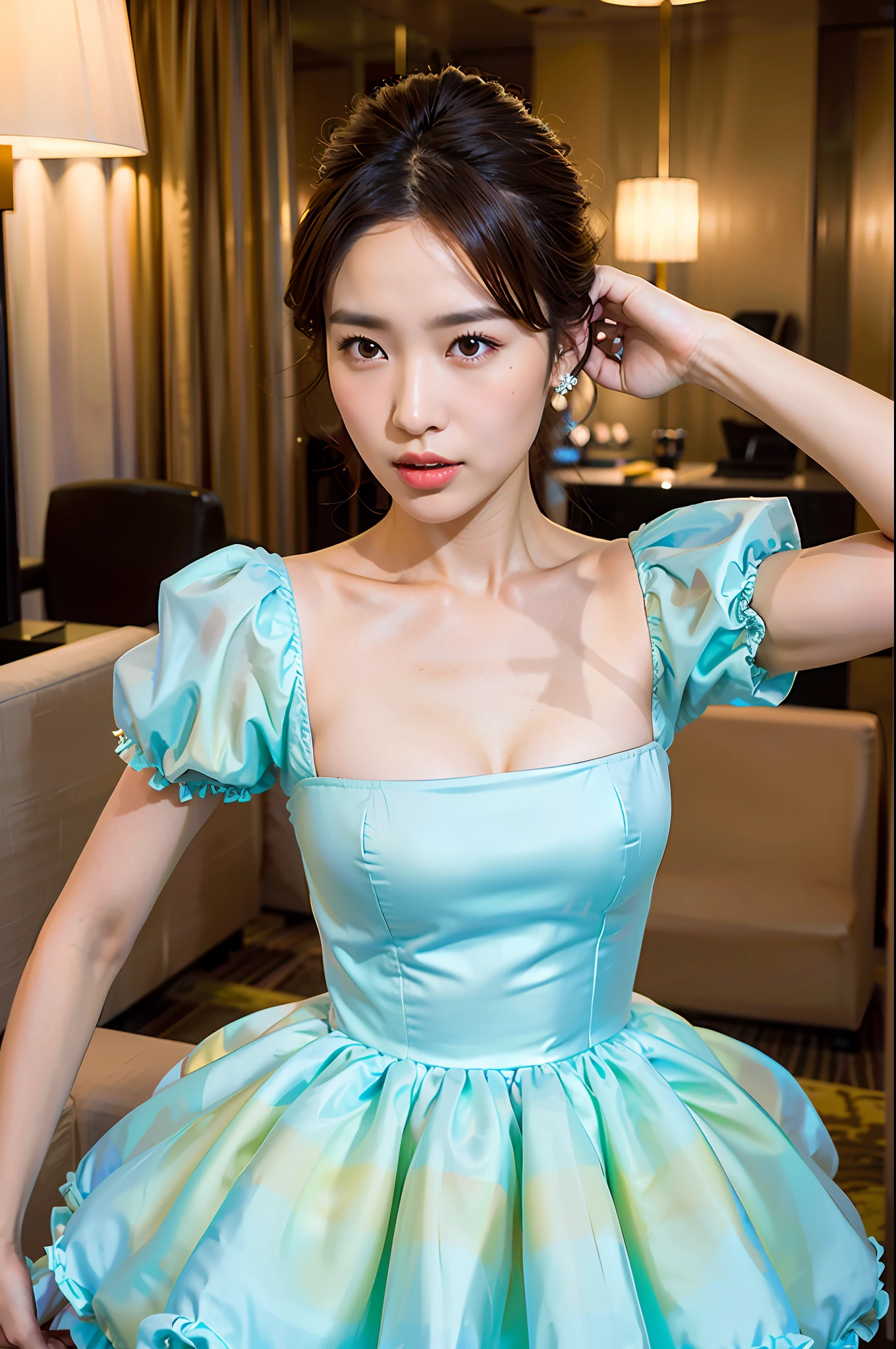 woman posing for a photo, (wearing puff_dress:1.3), 
good hand,4k, high-res, masterpiece, best quality, head:1.3,((Hasselblad photography)), finely detailed skin, sharp focus, (cinematic lighting), collarbone, night, soft lighting, dynamic angle, [:(detailed face:1.2):0.2],(((5 stars hotel))), outside,