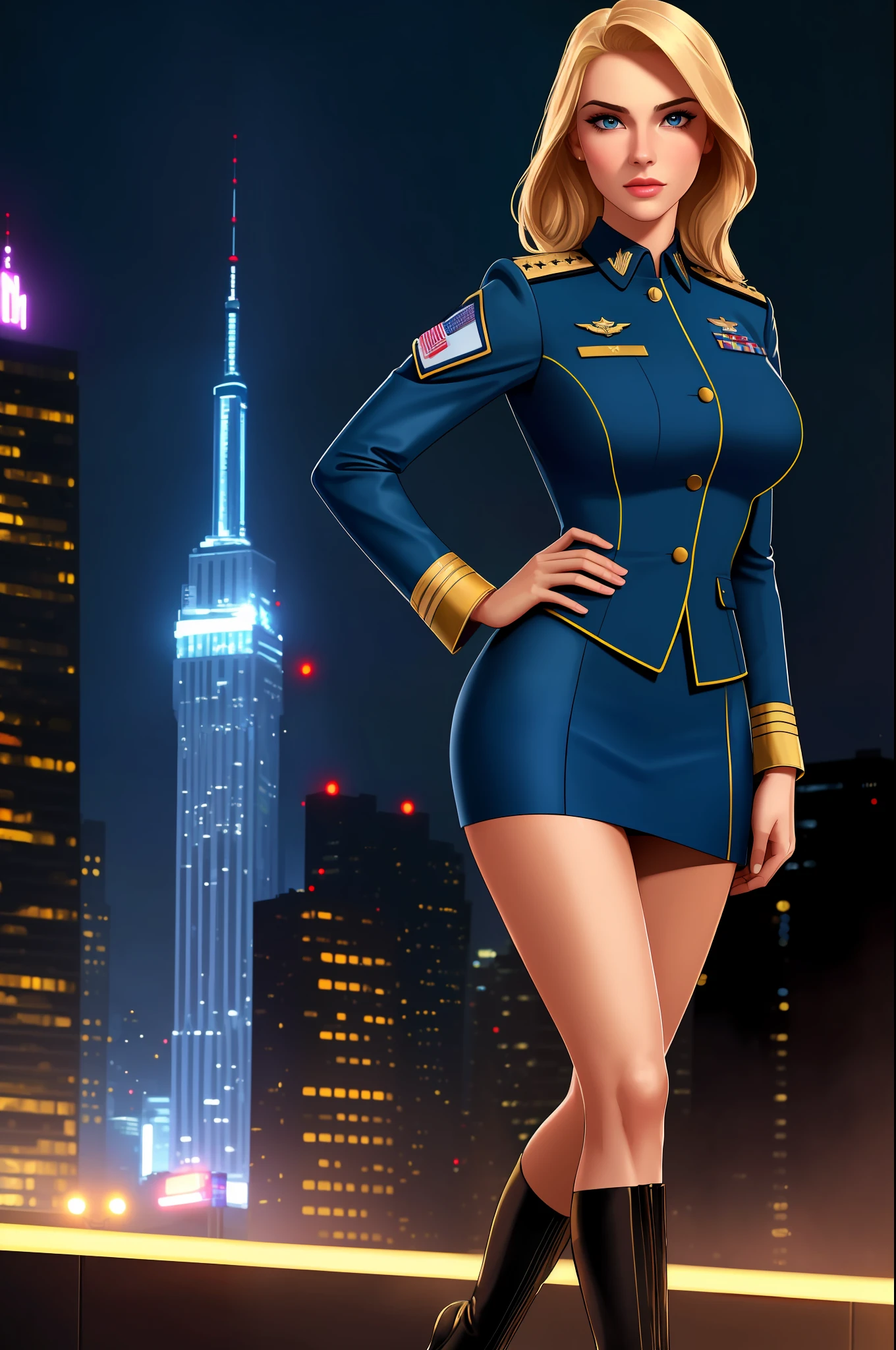 ((best quality)), ((masterpiece)), ((ultra realistic)), (dynamic sexy pose), american blonde, beautiful detailed face, detailed eyes, sexy us military officer, city backdrop, neon edge lighting, highly detailed, professional, U.S. army dress uniform, miniskirt, full body, hands on hip, medium hair,