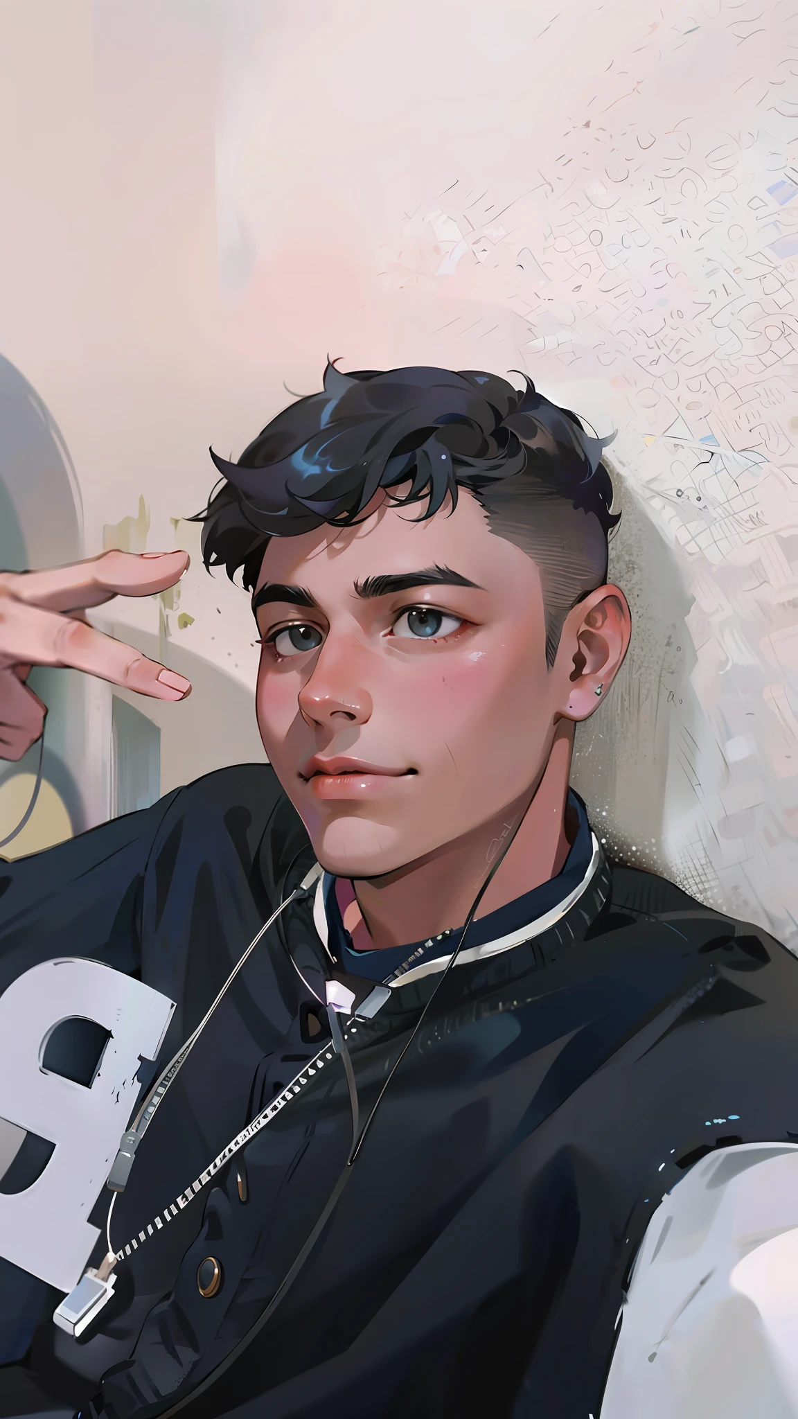 Young guy in sweatshirt and short hair with making a gesture with one hand, and wearing headphone jack