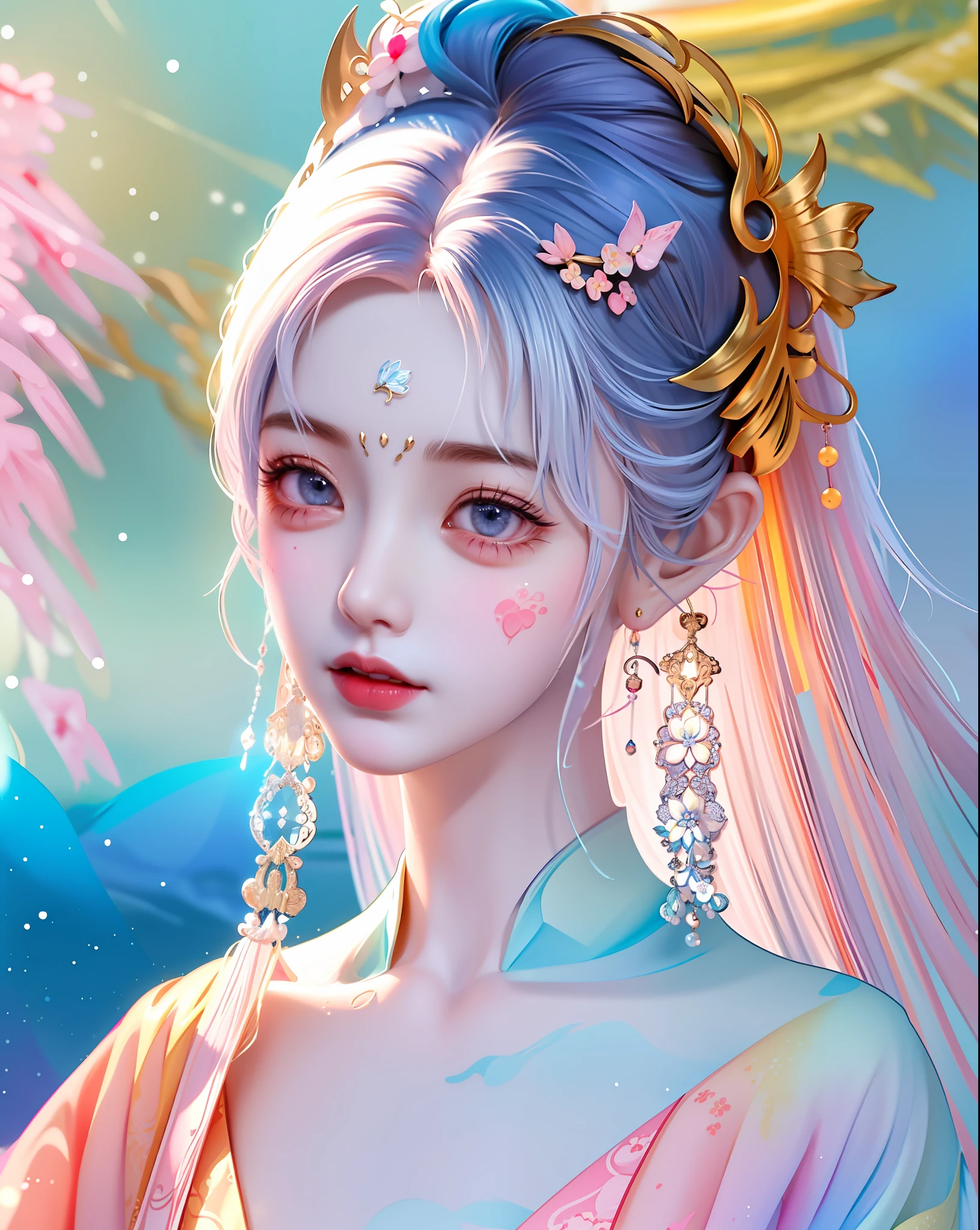 (8k, RAW photo:1.2), best quality, ultra high res,dramatic angle,(fluttered detailed color splashs), (illustration),(((1 girl))),(long hair),(rain:0.9), (头饰:1.4),少女身边有一座古宫,汉服,(重点),彩色水墨画,(泼彩),泼彩,(((colorful))),(素描:0.8) , Masterpiece, best quality, beautiful painted, highly detailed,(denoising:0.6),[splash ink],((ink refraction)), (beautiful detailed sky),moon,highly,detaild,(masterpiece, best quality, extremely detailed） CG unity 8k壁纸，杰作，最好的质量，超详细），（石蒜），