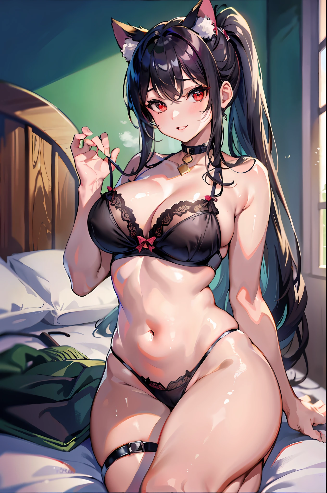 masterpiece, high resolution, high quality, camisole, seduction, bedroom, big breasts, cat ears, red eyes, black hair, ponytail