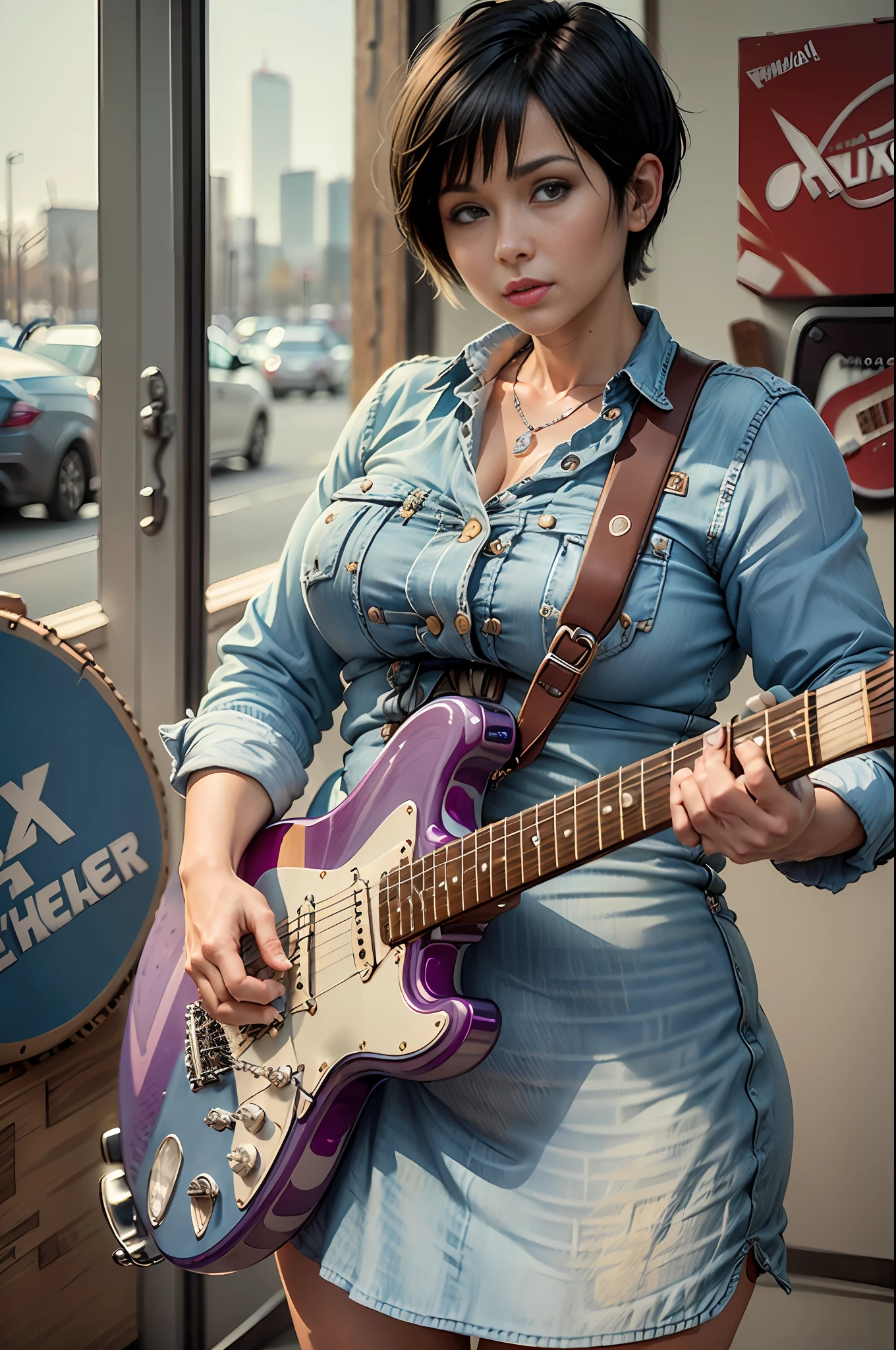 An American Rocker Woman, White Skin, ((35y old)) (Chubby: 1.5), Male Body, 1.5m Tall, (Chubby 75kg), (Short Hair: 0.1), (Pixie Cut Hair), (Straight Hair), (Black Hair), (Round Face: 1.7), (((Playing a Fender Stratocaster Guitar, Light Blue))))), (Four Fingers and a Thumb) ((Masterpiece)) Photo Realism, Superior Quality, Natural and Realistic, With Beautiful Finish and Precision,