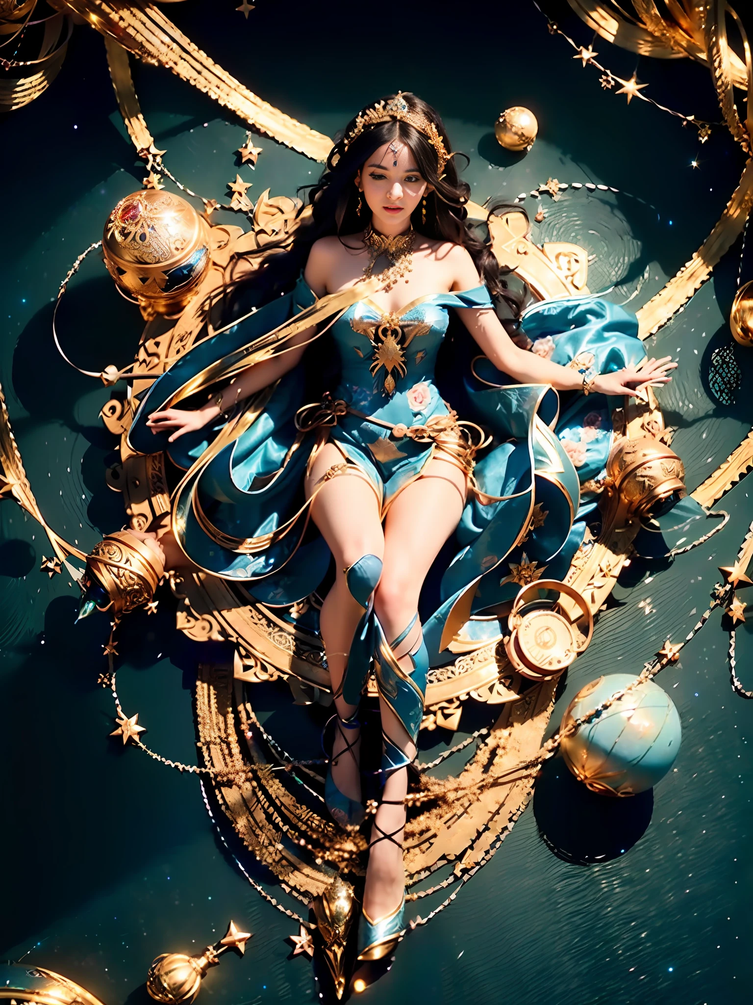 Arad woman in blue dress lying on gold chain, sailor galaxy. Beautiful, captivating cosplay, gorgeous cosplay, (((beautiful fantasy queen)), goddess of time and space, CGSOCIETY, beautiful fantasy queen, gorgeous goddess leo, celestial goddess, elegant and charming role-playing, galaxy goddess, beautiful celestial mage, aesthetic !!!!!! Female elves