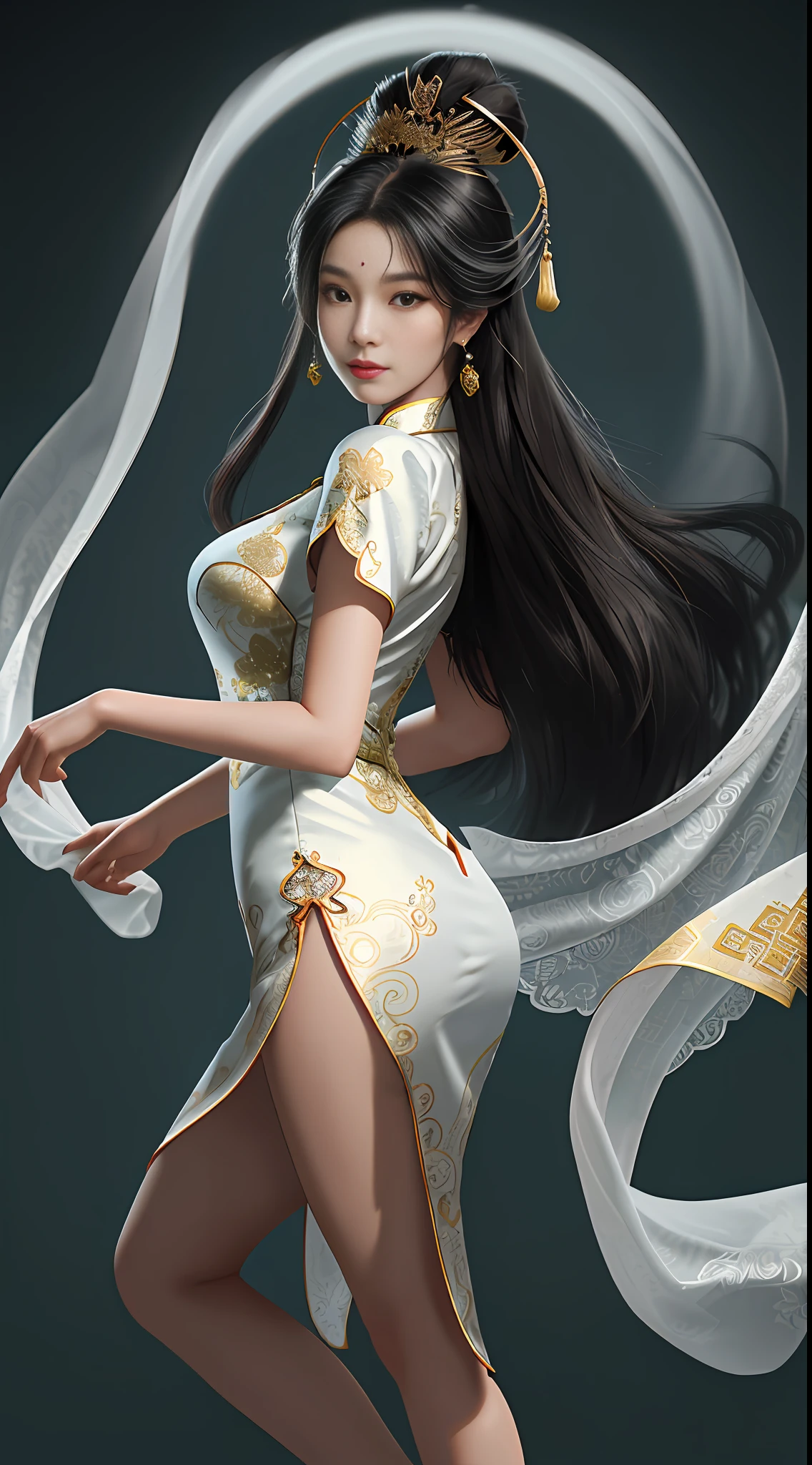 ((Best quality:1.4)), (Masterpiece:1.3), (Detailed:1.3), (Chinese traditional style:1.2), an exquisite and breathtaking close-up shot of a mature woman with long, silky black hair that flows like ink. She wears three white jade and gold hairpins on the back of her head, and long silver earrings that dangle elegantly from her earlobes. Her high cheekbones, tall nose, and pointed chin create a strikingly beautiful face that is heavily made-up. The moonlight from the sky only partially illuminates her body, which is wrapped in a revealing and form-fitting qipao with intricate embroidery and a gold trim. The qipao has a heart-shaped cut-out on both sides, revealing her slender waist and perfectly full curves. Her long, and a side slit showcases her shapely legs. She wears bright red high heels with pointed toes. The camera angle is a close-up shot, capturing every detail of her breathtaking beauty and sensuality.