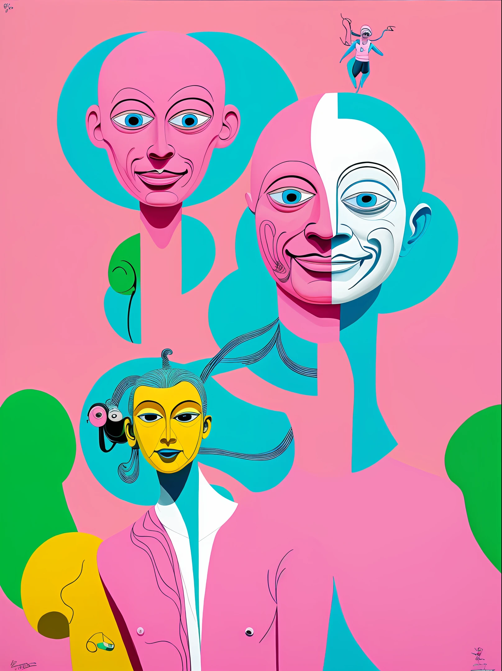 painting of a man with a pink face and a white shirt, inspired by Yue Minjun, inspired by Douglas Bourgeois, by Yue Minjun, laughing man, inspired by Ivan Generalić, inspired by Ron English, inspired by Scott Listfield, painting of a man, inspired by Russell Dongjun Lu, fantastic planet, inspired by Oskar Schlemmer