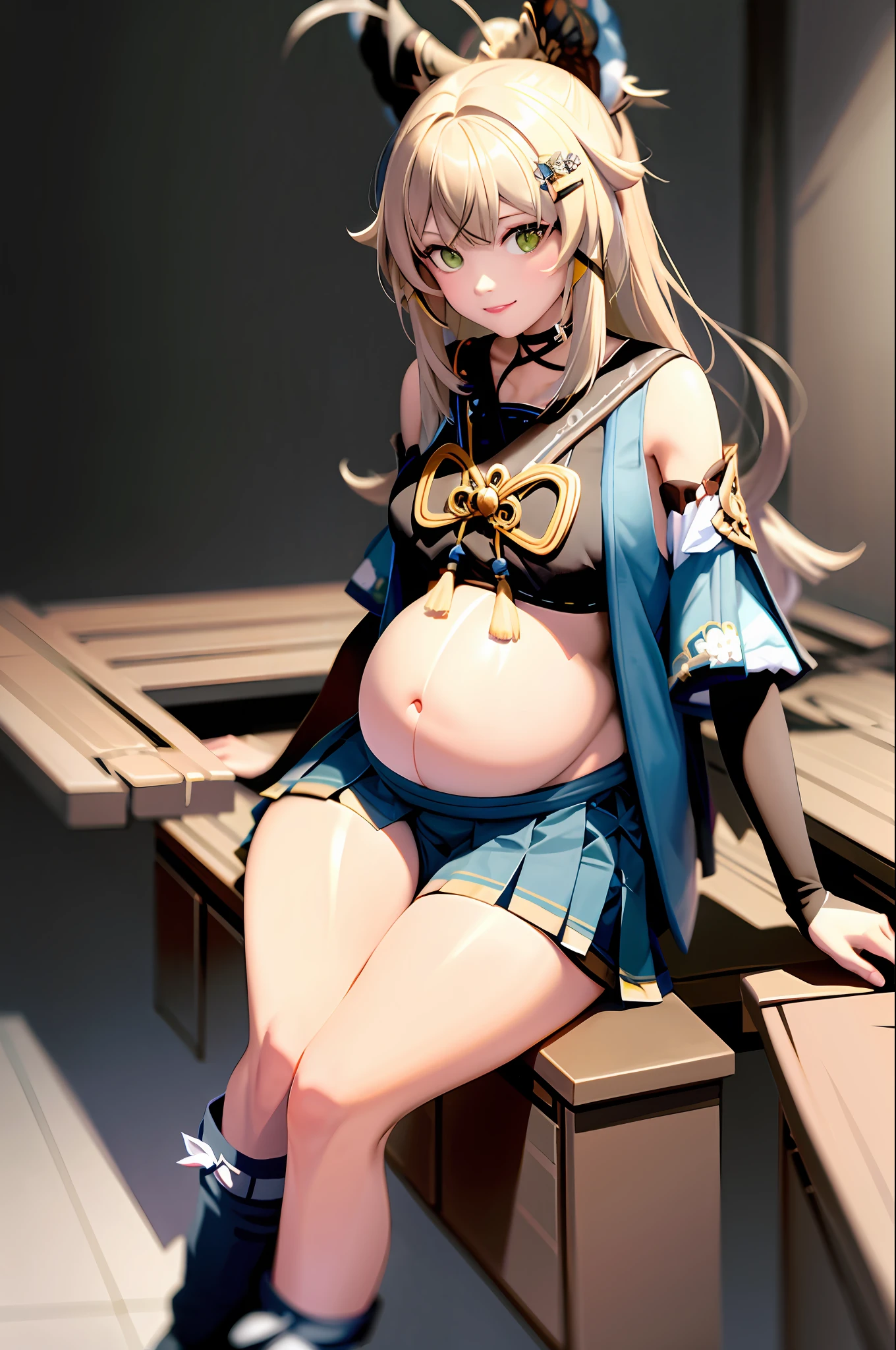 masterpiece, best quality, 1 girl, smiling, sitting, pregnant, buttocks, bare belly ,full body, gray background, (kbxll:0.6)