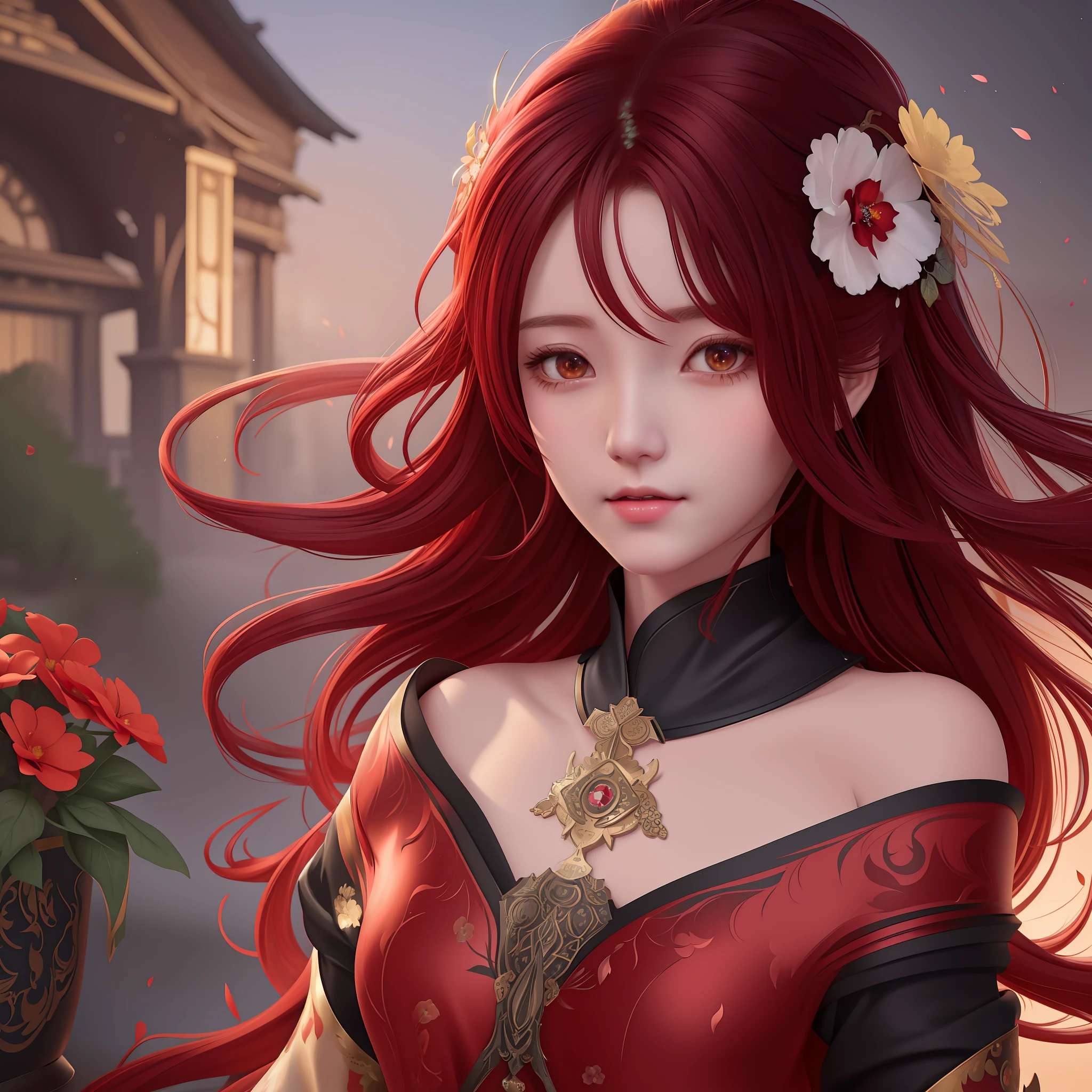 arafed woman with long red hair and a black dress with flowers in her hair, artwork in the style of guweiz, beautiful digital illustration, 8k high quality detailed art, 🌺 cgsociety, beautiful digital artwork, stunning digital illustration, in the art style of bowater, gorgeous digital painting, realistic artstyle, fantasy portrait, beautiful fantasy portrait
