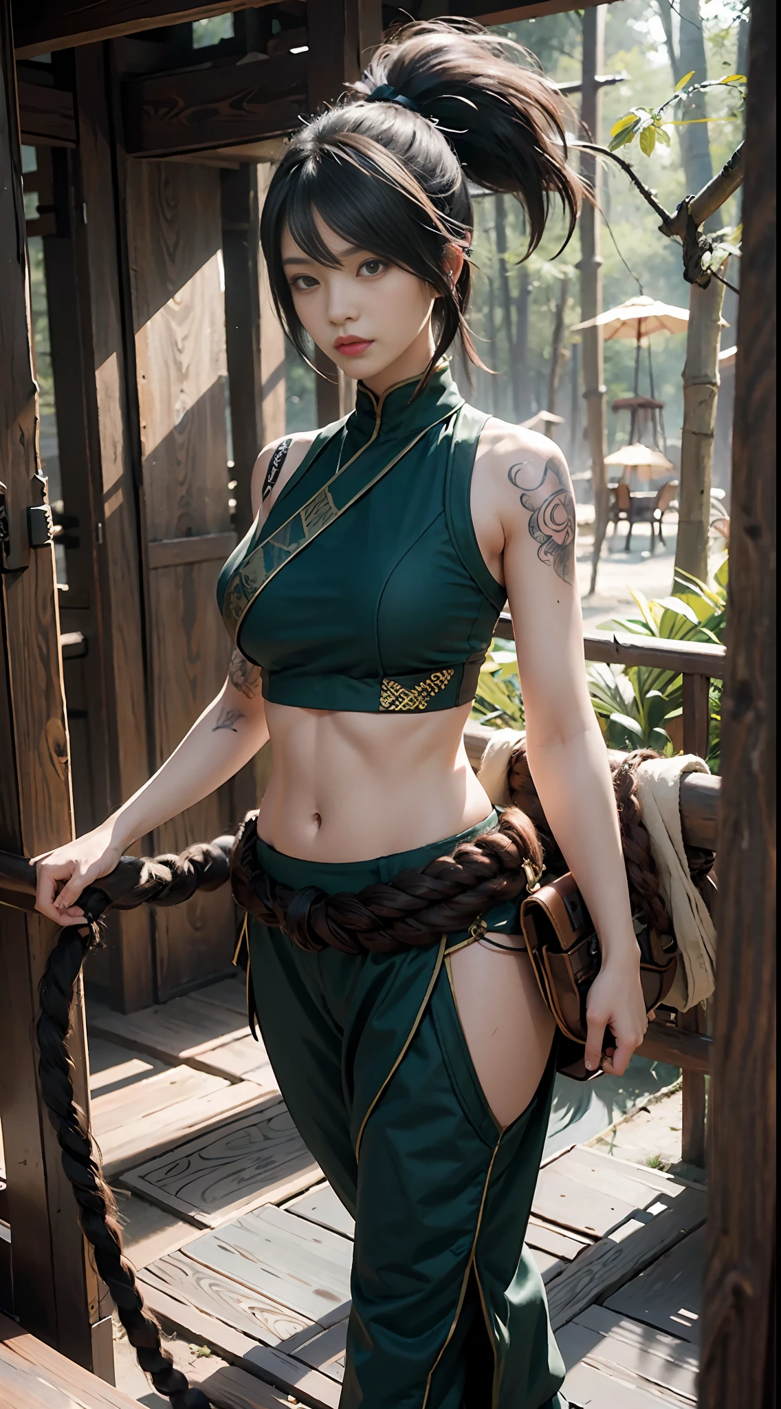 Fantasy, (Masterpiece: 1.8), (Best Quality), Highly Detailed, Mystic, Bamboo Forest, Fog, Ninja, Crouched on the Ground, Akali, Mystic, Dark Background, Looking at the Audience, League of Legends, High Resolution, 1 Girl, Abs, Arm Tattoo, Bangs, Shirt, Big Big Tits, Big Thick Legs, Green Shirt, Hair Between Eyes, Hip Vents, Long Bangs, Long Hair, Mask, Midriff, Ninja, Ponytail, Rope Strap, Belt Bag, Shirt, Solo, Stomach Tattoo, Tattoo