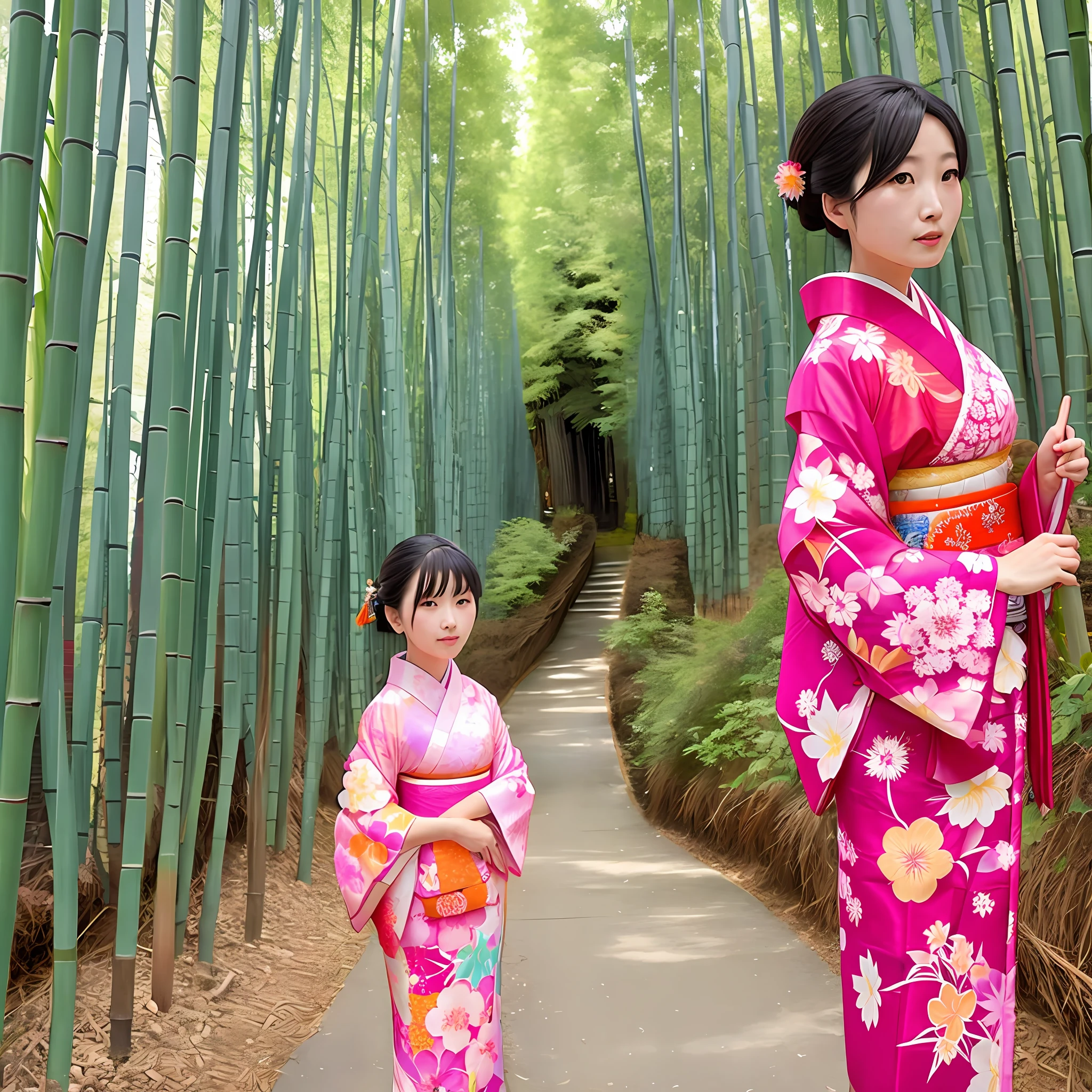 Woman in kimono standing in bamboo forest