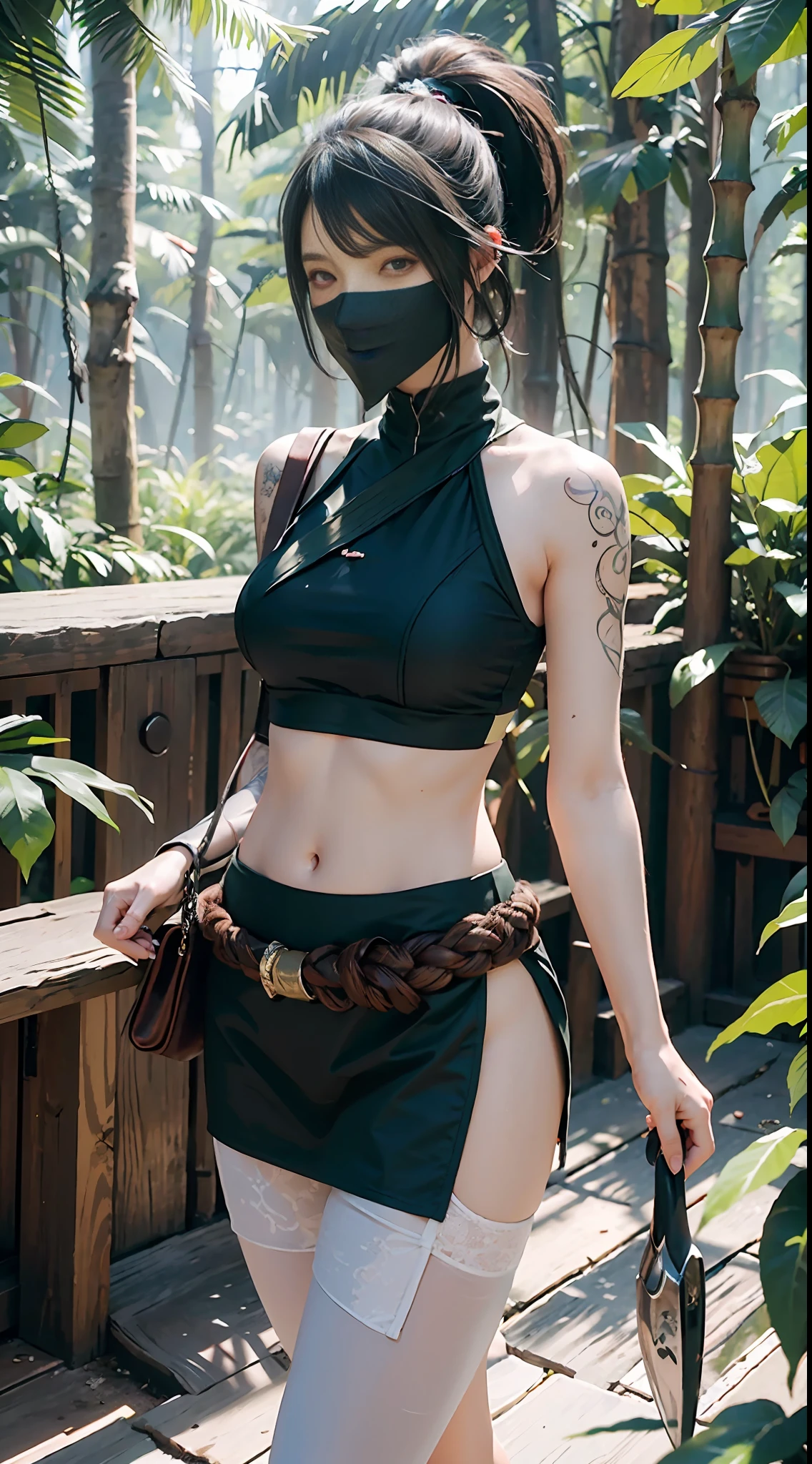 (Masterpiece, Best Quality, Very Detailed, 8K, Wallpaper, Hyperdetail), Fantasy, (Masterpiece: 1.5), (Best Quality), Highly Detailed, Mysterious, Bamboo Forest, Falling Bamboo Leaves, Tyndall Light Ninja, Lying on the Ground, Akali, Mystic, Dark Background, Looking at the Audience, League of Legends, High Resolution, High Heels, Glowy White Skin Made of Plastic, Pantyhose, Pencil Skirt, Arm Tattoo, Bangs, Shirt, Thick Legs, Green Shirt, Hair Between Eyes, Hip Vents, Long Bangs, long hair, mask, midriff, ninja, ponytail, rope strap, belt bag, shirt, solo, stomach tattoo, tattoo