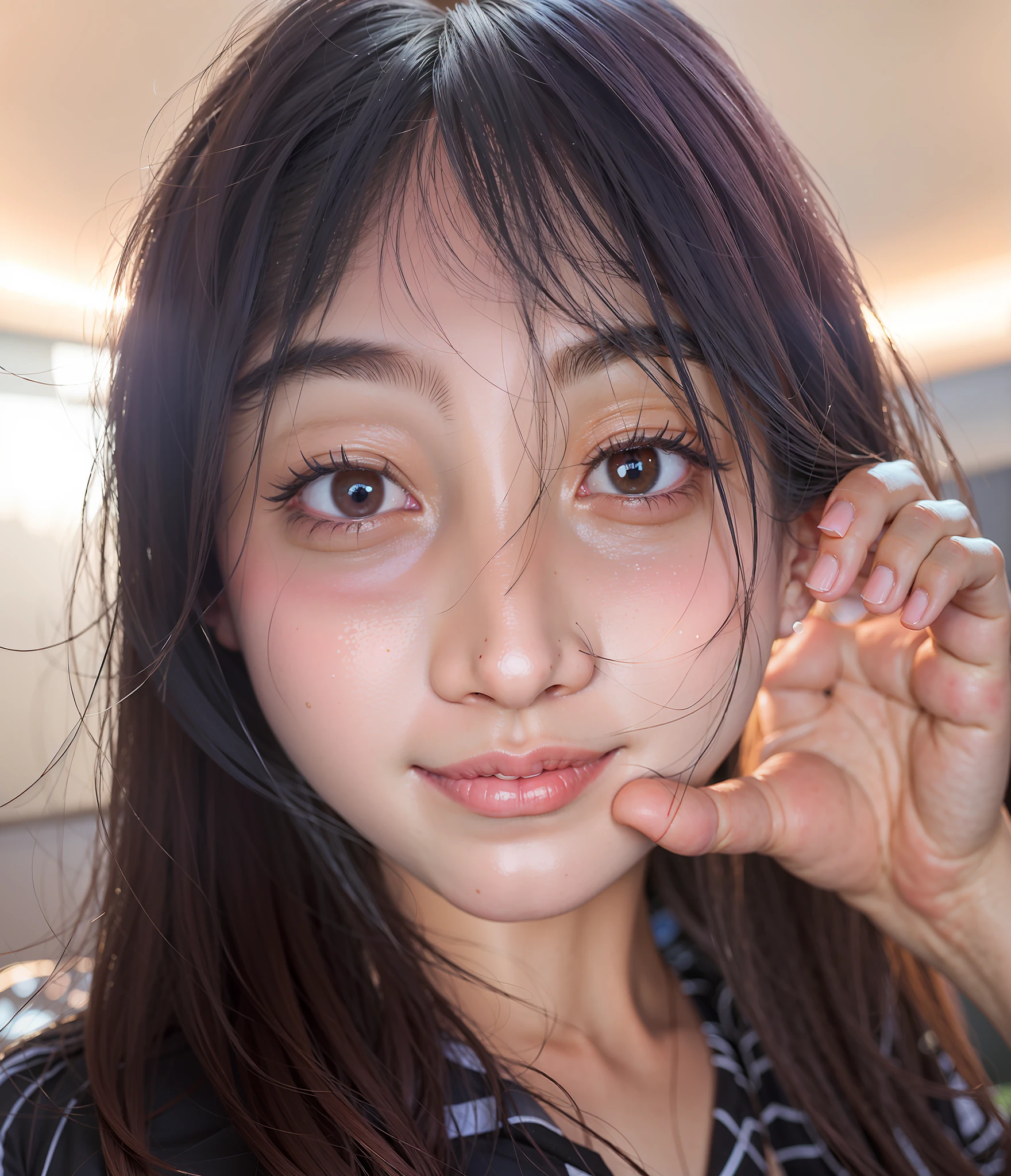 there is a woman that is posing for a picture in a black shirt, clear cute face, jaeyeon nam, young adorable korean face, with small nose, wenfei ye, korean symmetrical face, young cute wan asian face, wan adorable korean face, xintong chen, korean face features, heonhwa choe, xision wu, chengyou liu