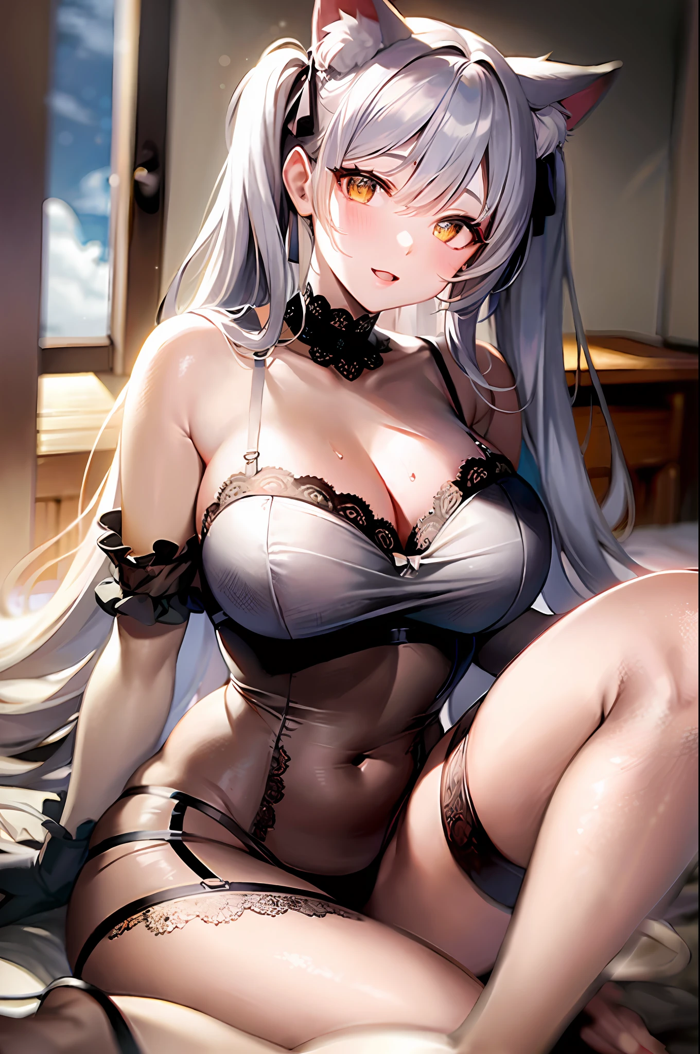 masterpiece, high resolution, high quality, camisole, bedroom, seduction, big breasts, cat ears, floral pattern, yellow eyes, gray hair, twin tails