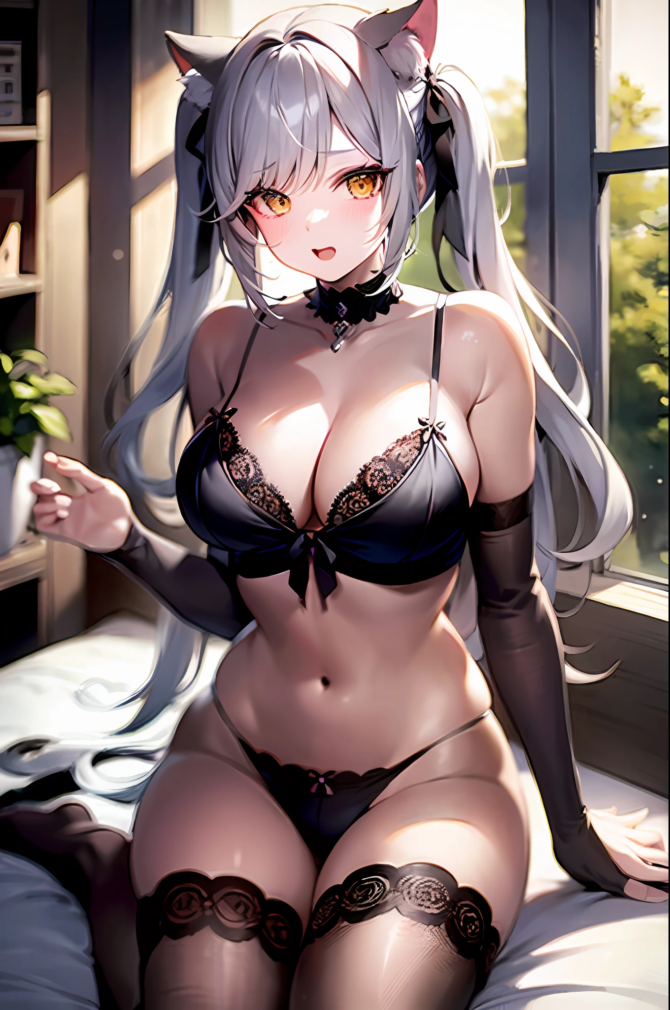 masterpiece, high resolution, high quality, camisole, bedroom, seduction, big breasts, cat ears, floral pattern, yellow eyes, gray hair, twin tails
