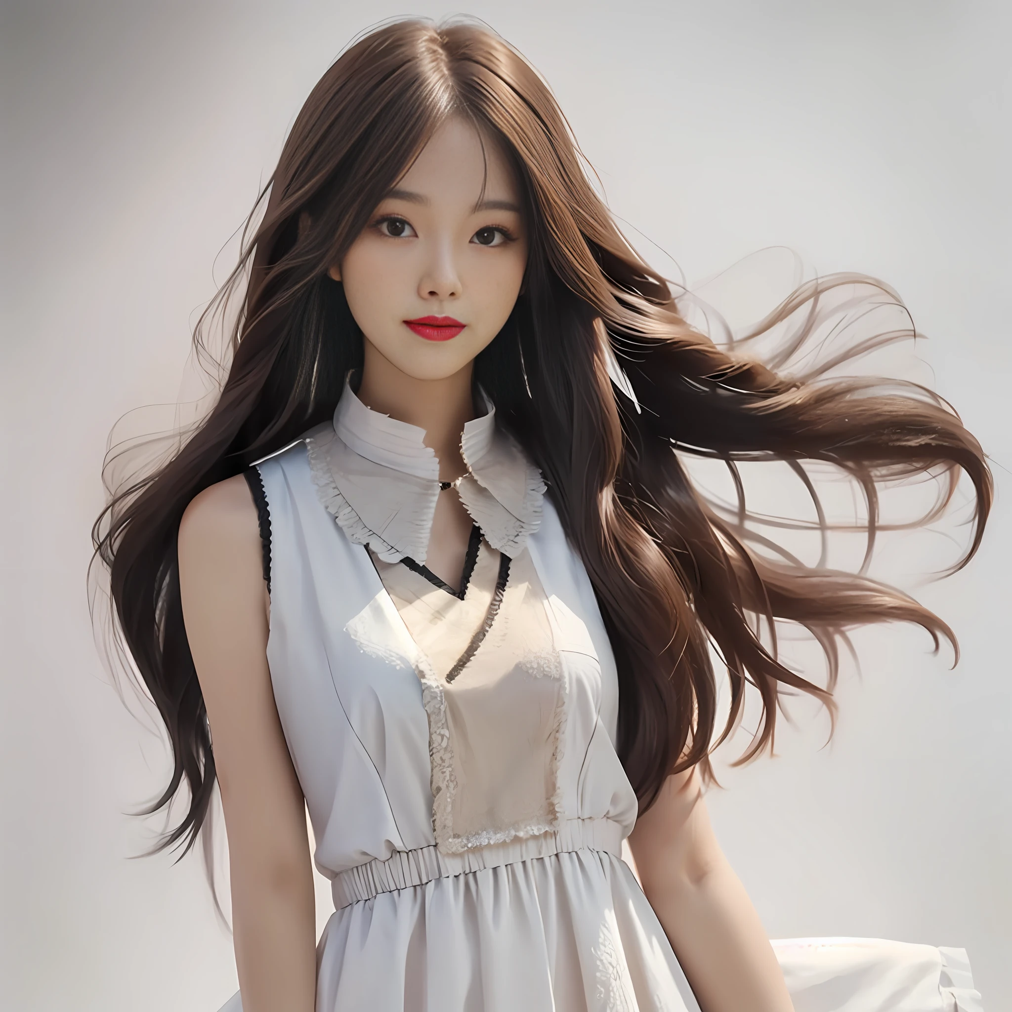 Single, beauty, long hair, straight hair, portraiture, partial, OL dress, low-cut vest, bust, delicate makeup, facing the observer, figure in the middle, white background