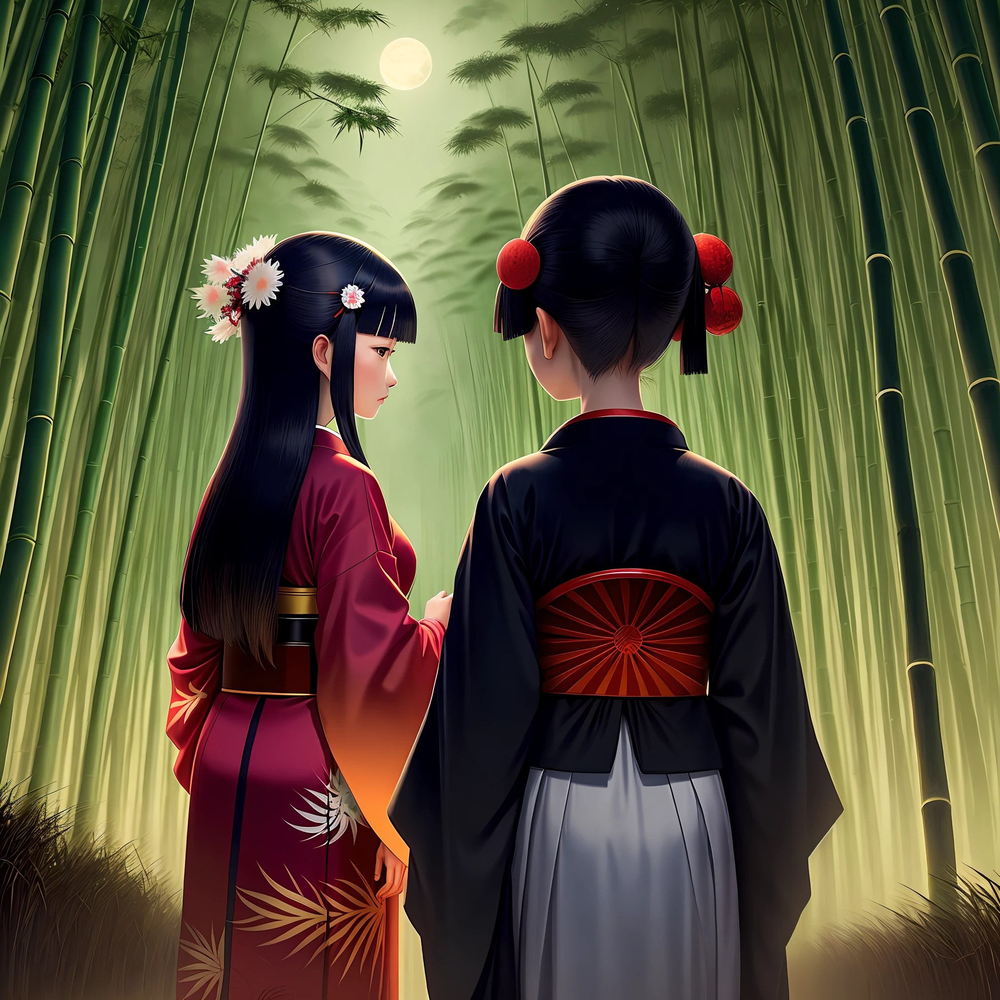 A woman in a kimono in a bamboo forest illuminated by moonlight, and if you look closely, Kaguya-hime is standing and staring at the back of the bamboo forest.