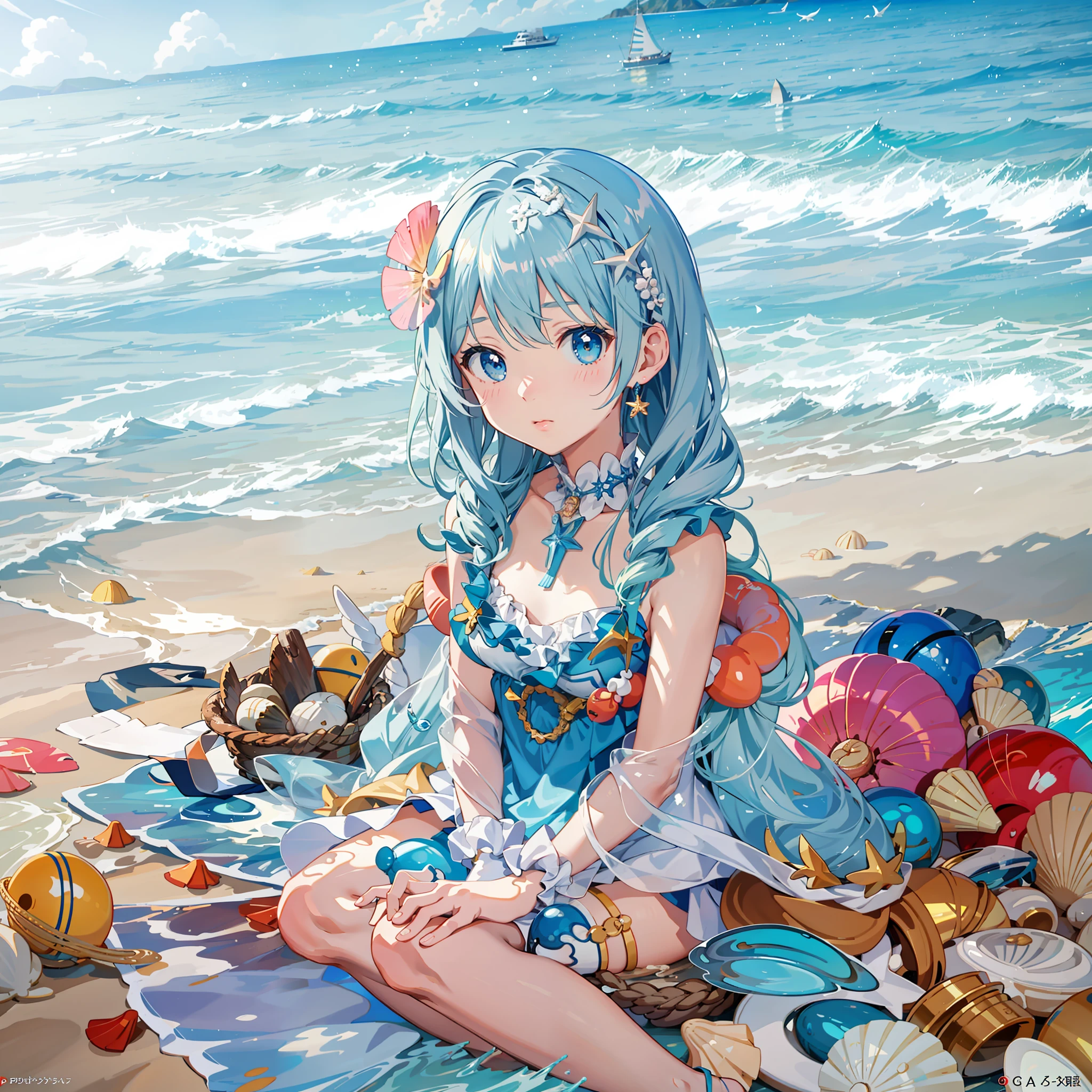 anime girl sitting on the beach with shells and seashells, seashore, trending on artstation pixiv, wallpaper anime blue water, detailed digital anime art, wearing seashell attire, beautiful anime artwork, official artwork, detailed anime art, digital art on pixiv, loli, beautiful anime art, splash art anime loli, high definition anime art