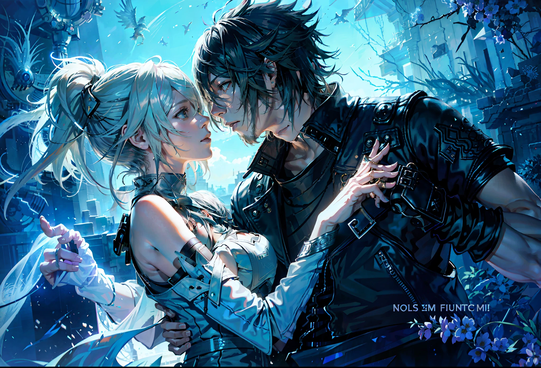 (((,lunafreya, noctis lucis caelum,))),final fantasy xv,Anime couple in a white dress kissing between blue plants, Zerochan Art, Makoto Shinkai and Artgerm, Makoto Shinkai and Tom Bagshaw, Style of Final + Fantasy + 1 5, Advanced Digital Anime Art", by Yuumei, Final Fantasy Fan Art, by Kingdom Hearts, Range Murata and Artgerm, Digital Art by Pixiv