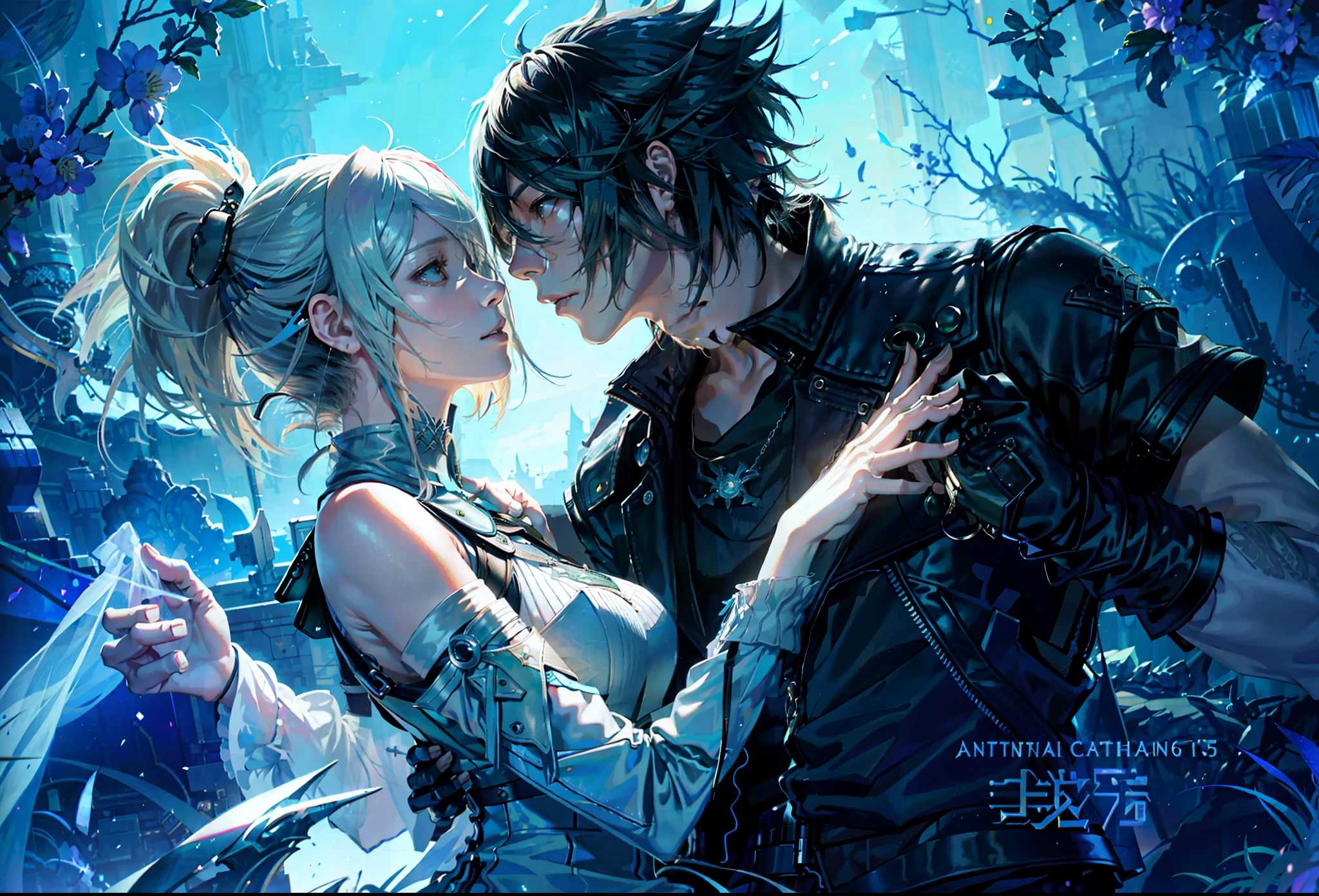 (((,lunafreya, noctis lucis caelum,))),final fantasy xv,Anime couple in a white dress kissing between blue plants, Zerochan Art, Makoto Shinkai and Artgerm, Makoto Shinkai and Tom Bagshaw, Style of Final + Fantasy + 1 5, Advanced Digital Anime Art", by Yuumei, Final Fantasy Fan Art, by Kingdom Hearts, Range Murata and Artgerm, Digital Art by Pixiv