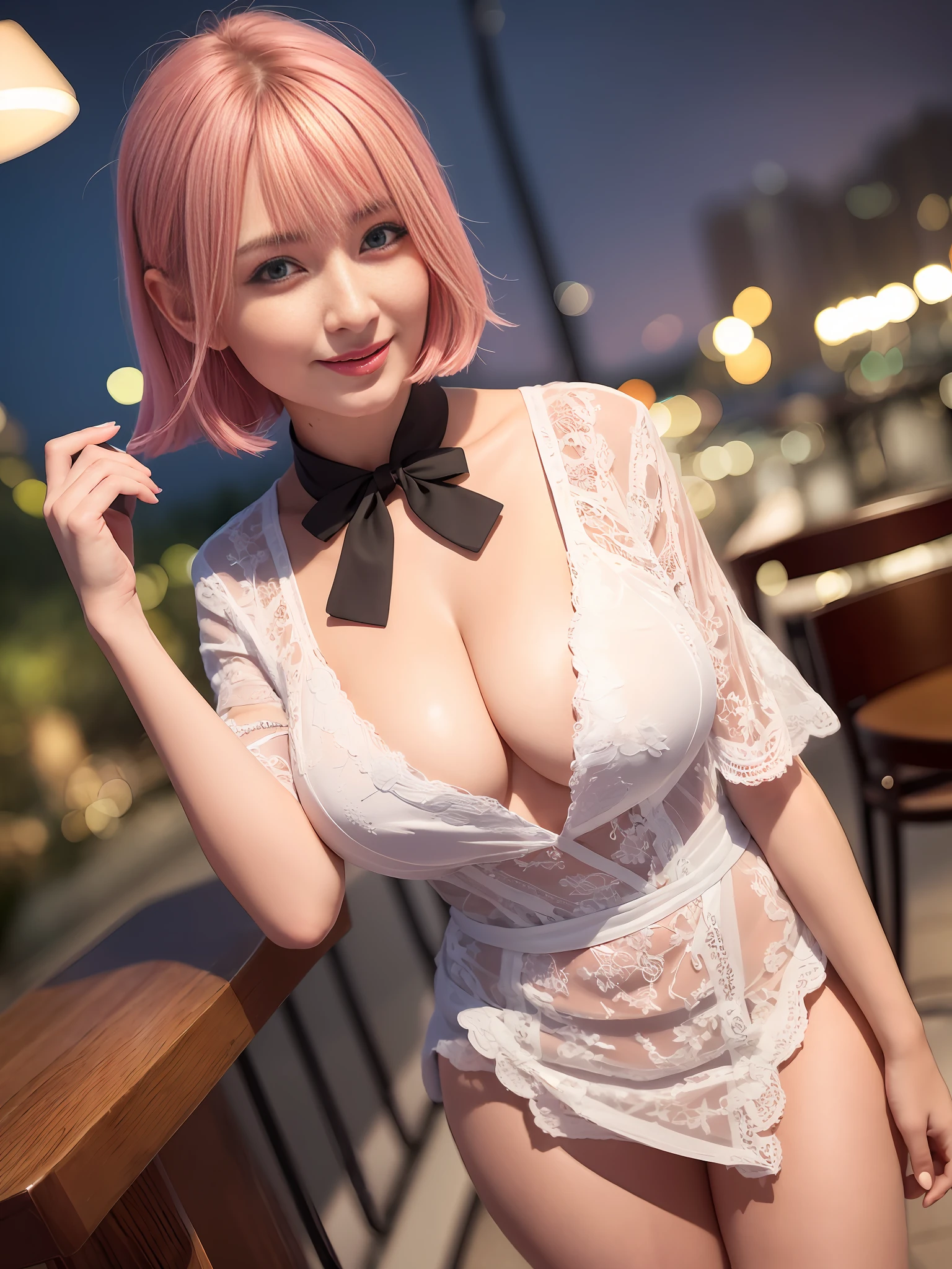 (64K, UHD, Best Quality, Masterpiece: 1.2), (Realistic, Photorealistic: 1.37), Super Detailed, Girl 1 Person, Cute, Solo, Beautiful Detailed Sky, Detailed Cafe, Night, Full Length Portrait, Standing, 23 years old, Height 167cm, Weight 55kg, Bust 85cm, F Cup, Waist 56cm, Hips 80cm, (Blushing nose), (Smile: 1.15), Big breasts (closed mouth), Beautiful fine eyes, (shirt with collar: 1.1), night, wet, body-fitting mini dress, chest wide open, rain, white lace, (short hair: 1.2), floating hair NovaFrogStyle,