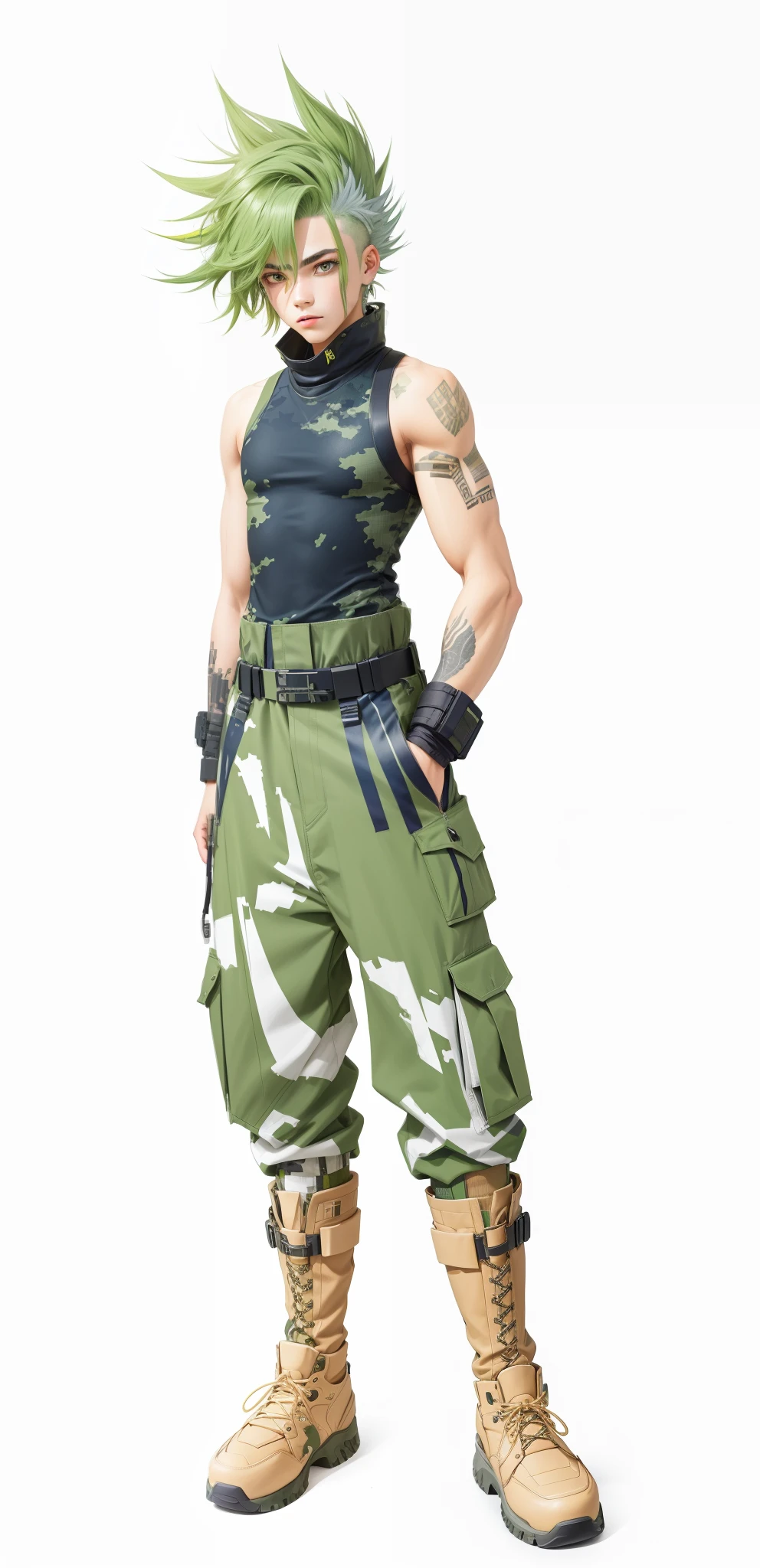 A cool teenager with green hair, navy vest, camouflage pants, brown leather boots, full body, light