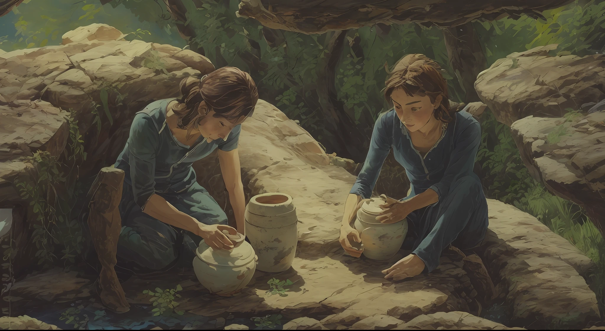 Two people sitting on the ground holding pottery jar, traditional painting style, animated film stills, animated stills, animated film stills, filled with water, vignette, concept film, cartoon stills, ghutra and egal, archaeological dig setting, coloring page, filling with water, full page illustration, by Siona Shimshi