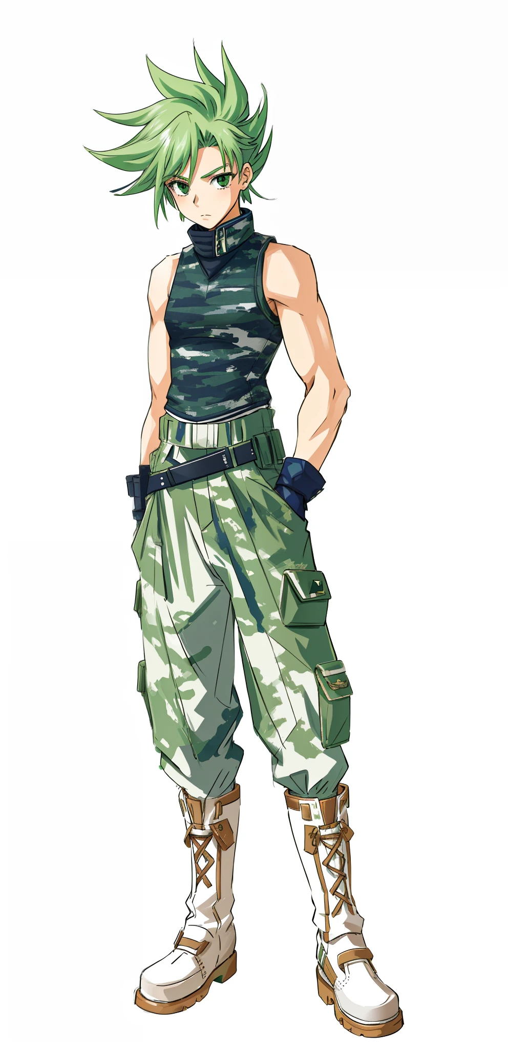 A cool ager with green hair, navy vest, camouflage pants, brown leather boots, full body, light