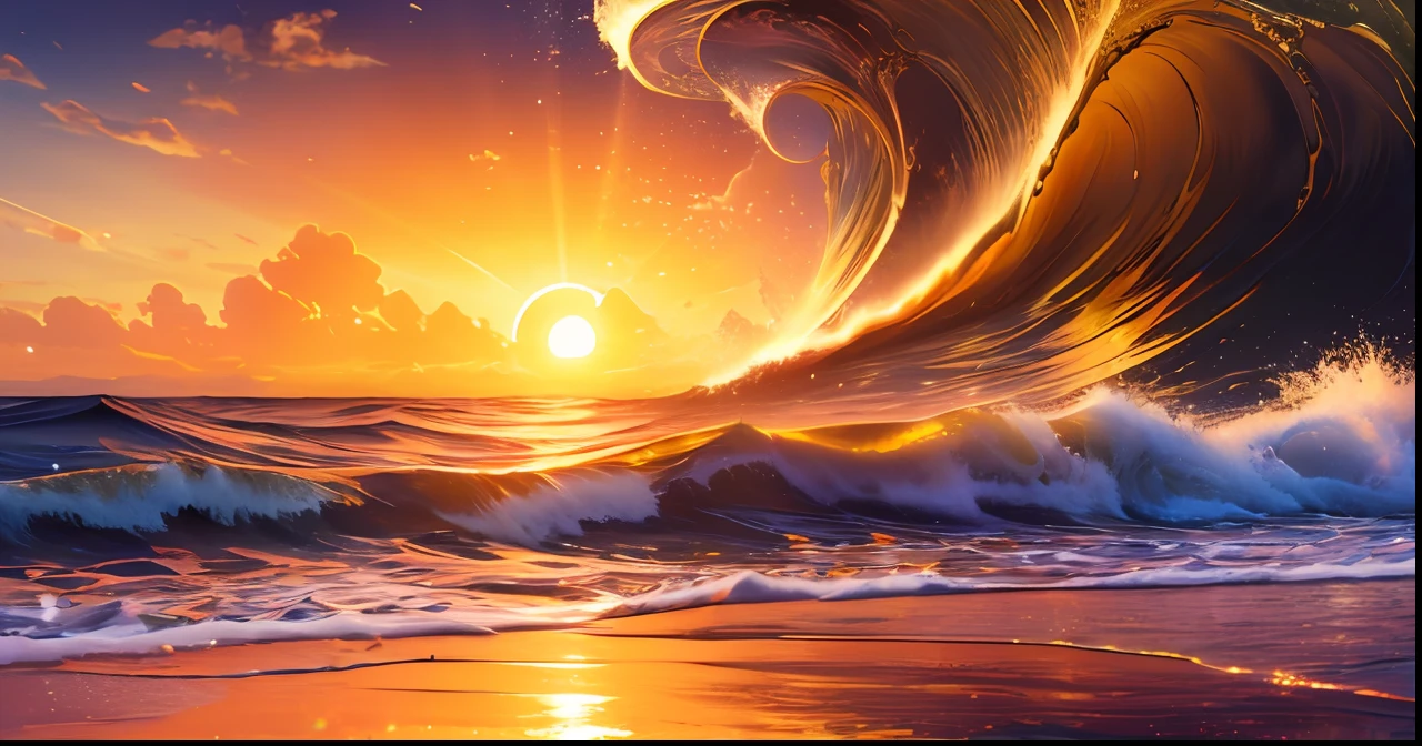 Masterpiece, best quality, (8k very detailed CG unit wallpaper) (best quality), (best illustration), (best shading) a golden sea wave, bright orange aol sunset through the wave, golden water drops flying, (:1. 6), black hair, black eyes, big, indoor swimming pool, class, naked, long hair, two-dimensional, in the water
