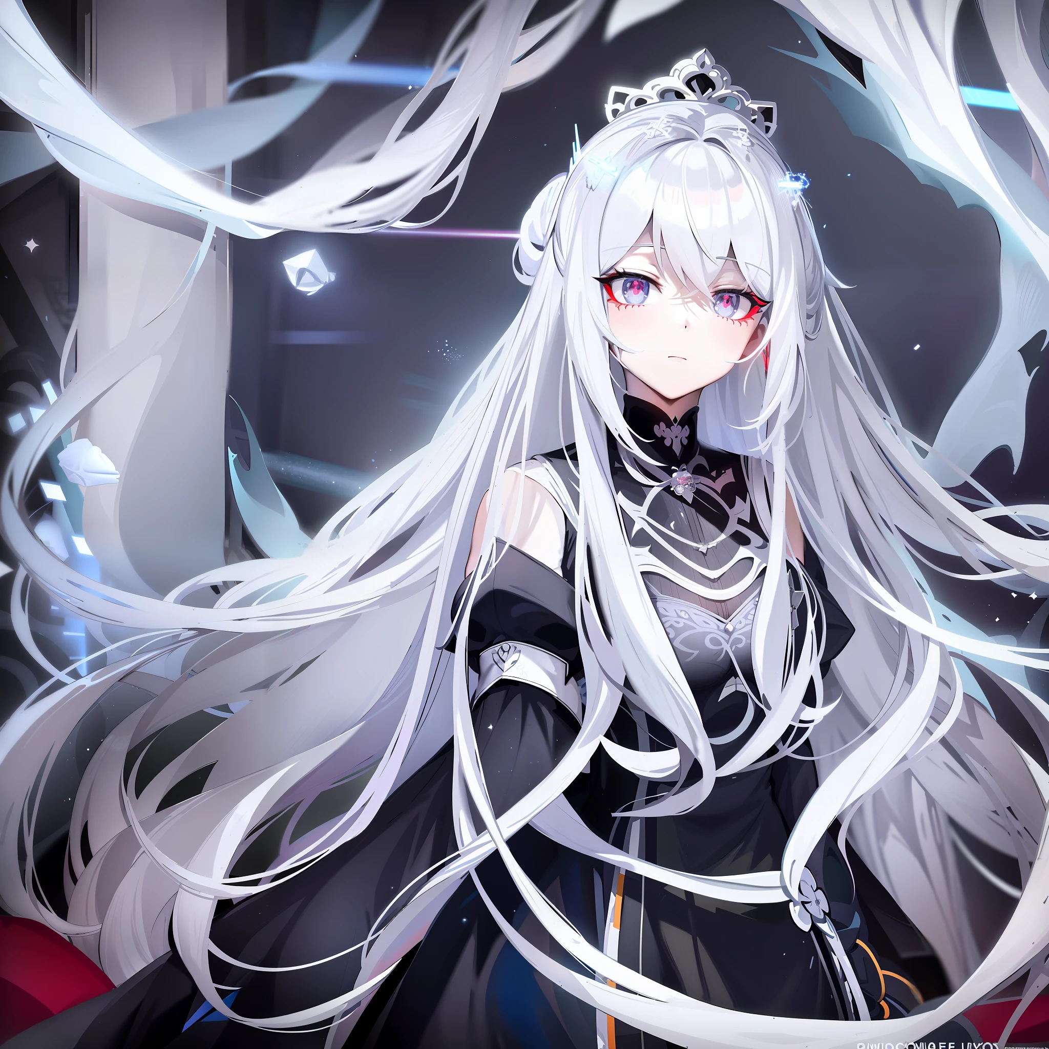 anime girl with long white hair and red eyes in a black dress, white haired deity, gothic maiden anime girl, crown of (((white lasers))), ((a beautiful fantasy empress)), white haired, girl with white hair, anime girl wearing a black dress, white-haired, with long white hair, with white long hair, perfect white haired girl, white haired lady