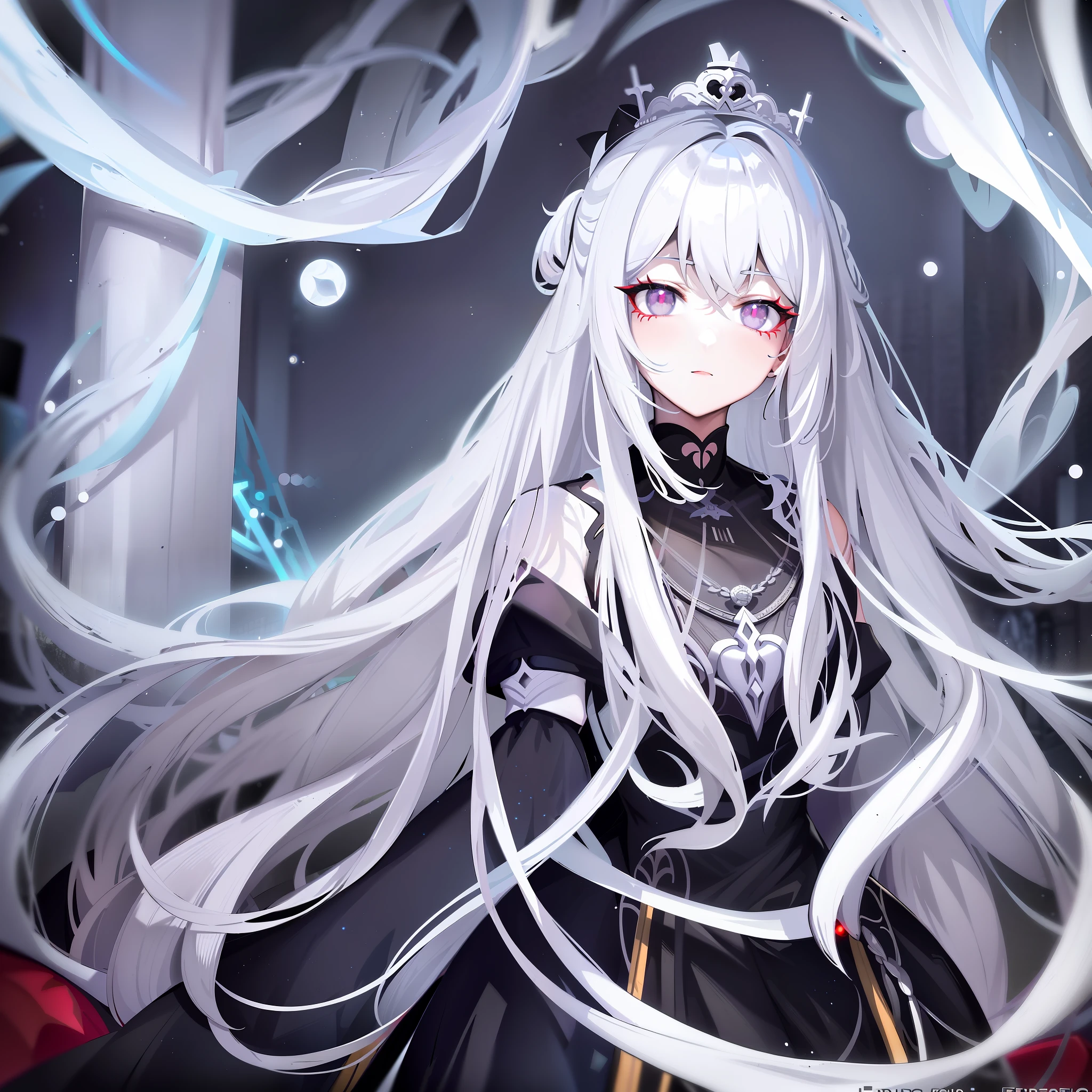 anime girl with long white hair and red eyes in a black dress, white haired deity, gothic maiden anime girl, crown of (((white lasers))), ((a beautiful fantasy empress)), white haired, girl with white hair, anime girl wearing a black dress, white-haired, with long white hair, with white long hair, perfect white haired girl, white haired lady
