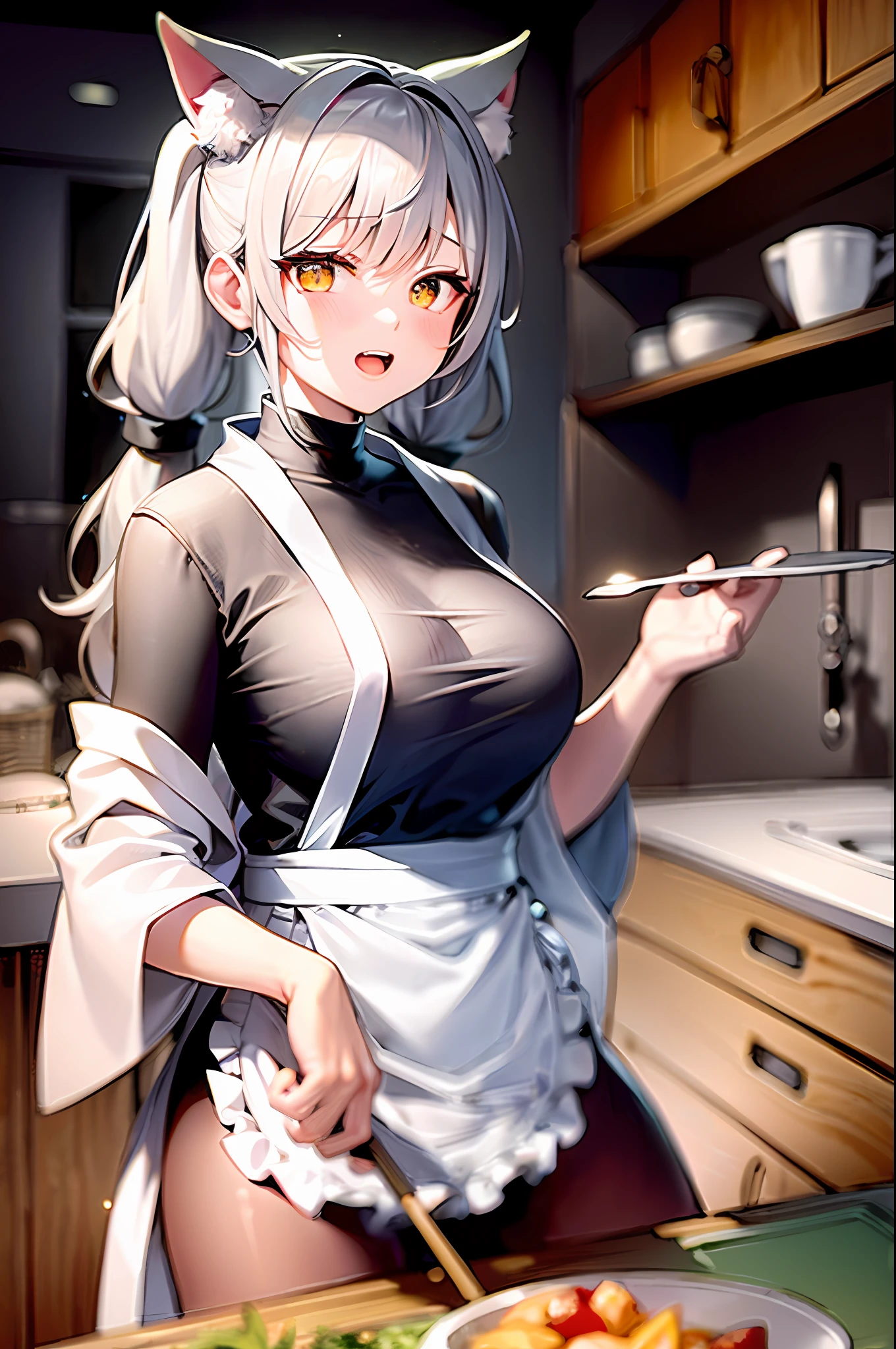 masterpiece, high resolution, high quality, kitchen, cooking, apron, white kimono, big breasts, cat ears, floral pattern, yellow eyes, gray hair, twintails,