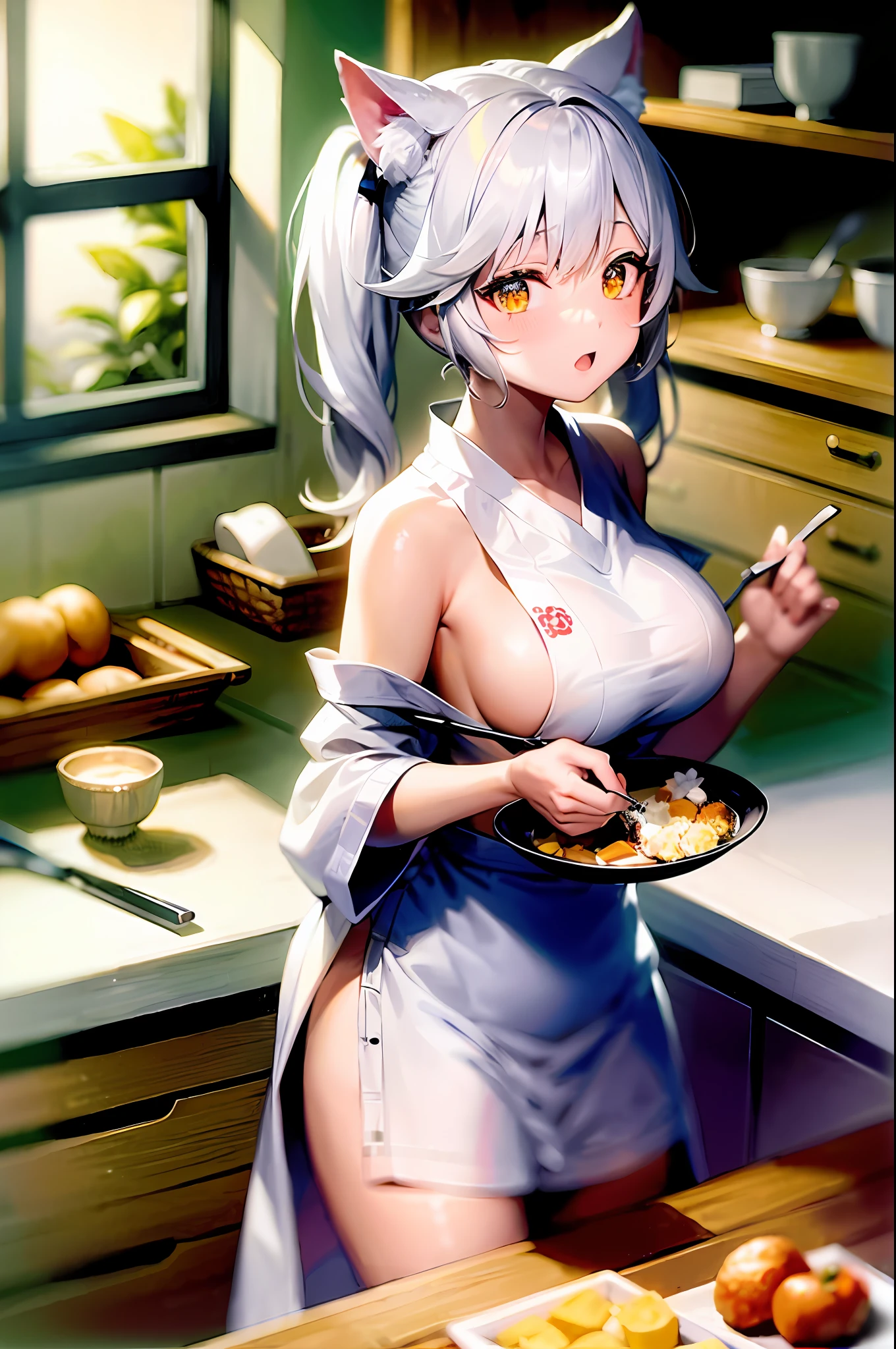 masterpiece, high resolution, high quality, kitchen, cooking, apron, white kimono, big breasts, cat ears, floral pattern, yellow eyes, gray hair, twintails,