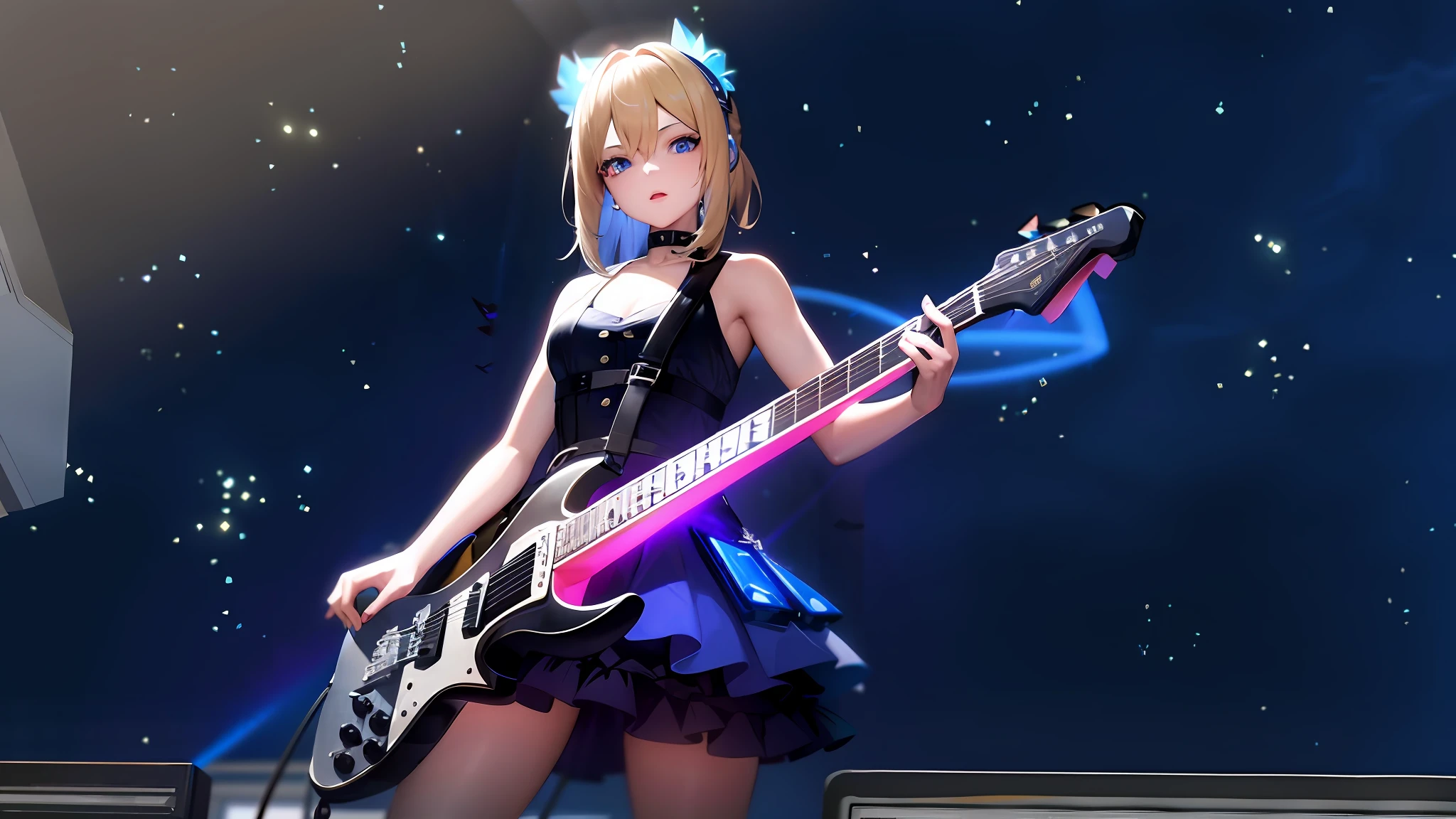 a girl playing a electric guitar with thunderbolt, blonde girl, hair with a blue streak, guitar with electric rays as strings, thunderbolt blue, thunderbolt light purple, light blue eyes, looking down, portrait