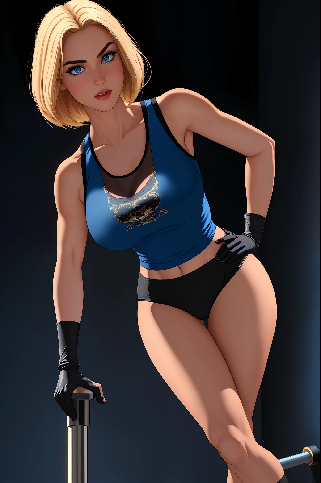 ((best quality)), ((masterpiece)), ((ultra realistic)), (dynamic y pose), american blonde, beautiful detailed face, detailed eyes, sexeacher, dressed in a blue and black sleeveless tank top and black gloves and black highleg gym shorts, school backdrop, highly detailed, professional, bare legs, full body, hands on hip, bob hair, blue eyes, powering up