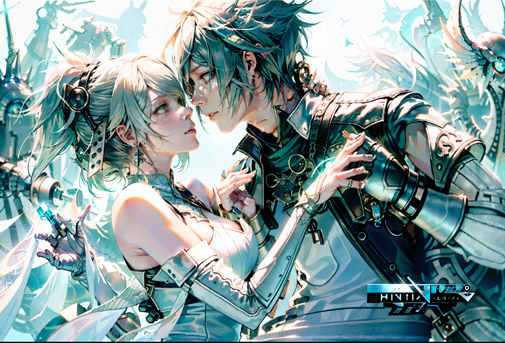 (((,lunafreya, noctis lucis caelum,))),final fantasy xv,Anime couple in a white dress kissing between blue plants, Zerochan Art, Makoto Shinkai and Artgerm, Makoto Shinkai and Tom Bagshaw, Style of Final + Fantasy + 1 5, Advanced Digital Anime Art", by Yuumei, Final Fantasy Fan Art, by Kingdom Hearts, Range Murata and Artgerm, Digital Art by Pixiv