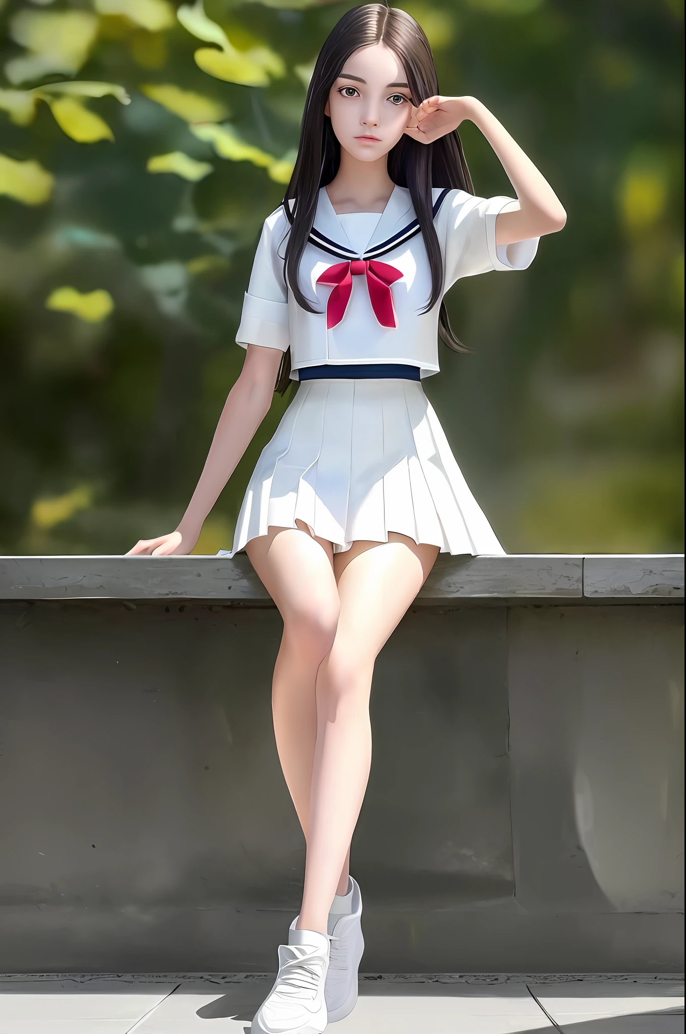 (Very detailed CG unity 8k wallpaper), (Masterpiece), (Best Quality), (Ultra Detailed), (Best Illustration), (Best Shadow), (Realism: 1.5), (PureErosFace_ V1:0.5), Real Human Skin, Lens Glow, Shadow, Backlight, Glow, Depth of Field, Natural Daylighting, Hard Focus, Film Granules, Looking at the Audience, 1 Girl, 16 Years Old, Solo, Scrawny, Pale Skin, Soft Lips, (Light Eyebrows: 1.4), Shiny Brown Eyes, Black Extra Long Straight Hair, Small Breasts, Beautiful Detail Sky, Detail West Garden (Crowd: 1.2), Sunlight, (Nose Red), Beautiful Detail Eyes, White Japanese School Uniform, Sailor Suit, Crimson Pleated Skirt, Sneakers, 18+