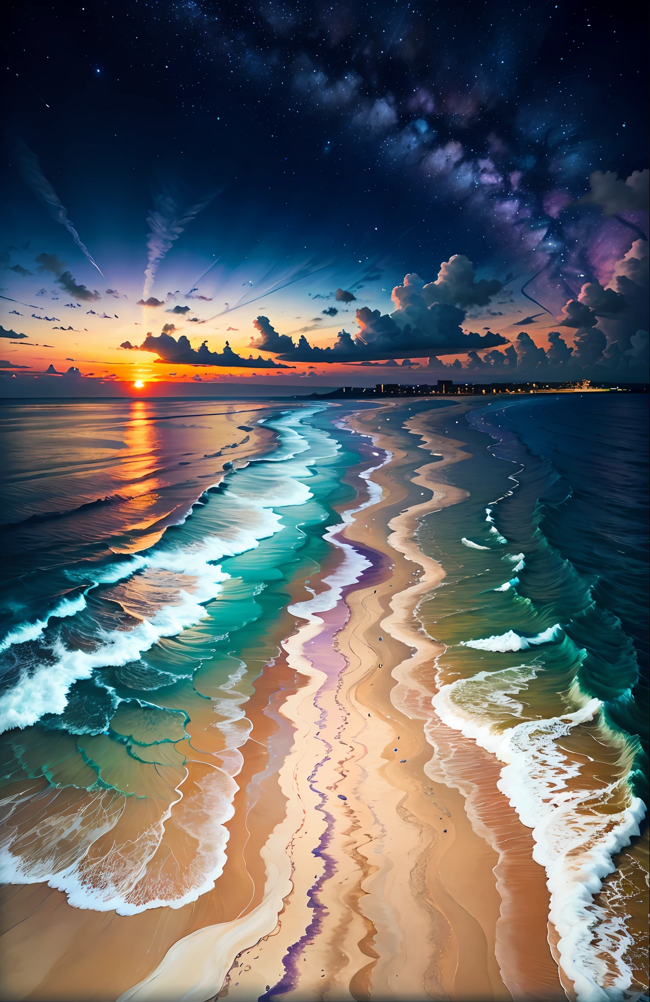 An absolutely mesmerizing sunset over the beach, with a mix of dark blue, white and purple filling the sky. The crystal clear waters of the sea gently kiss the coast at night, with a white sand beach stretching throughout. The scene is dynamic and breathtaking, night, with seagulls flying high in the sky and palm trees swaying gently. Soak up the soothing atmosphere and let the tranquility take over you.
