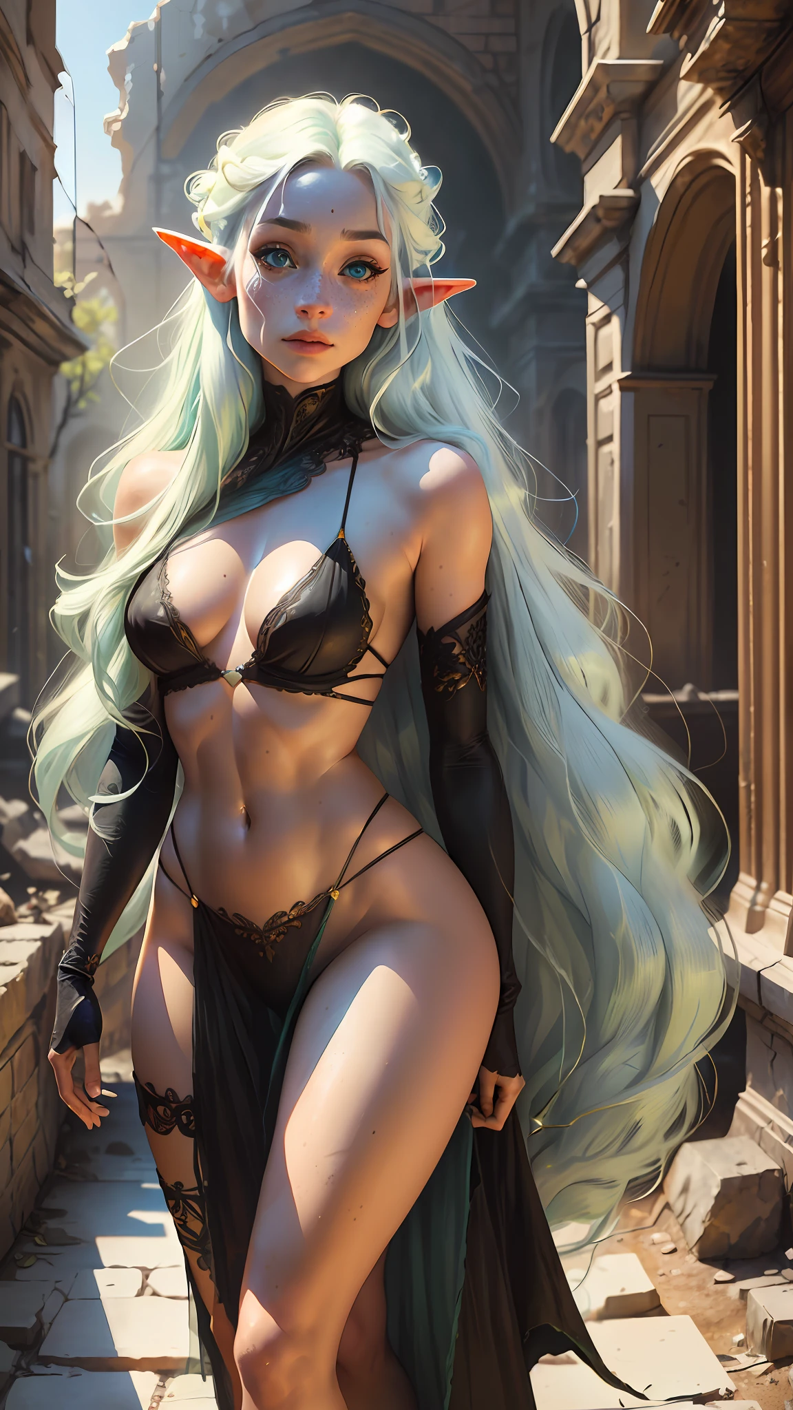 a portrait of an elf with freckles and bright striking blue eyes posing for a photo, thick legs, full body, thong, white freckles, long flowing green hair flying, portrait, beautiful pale makeup, color portrait, et, stunning portrait, elegant freckles, wearing black thongs, black gloves, blood, gold dust spread across the skin and face, walking. (dark, hyper-realistic photos (((portrait))) of glass refraction 1vase, background of post-apocalyptic ruins, soft cinematic light, soft tones, insane details, intricate details, suitable for viewing in public places, perfectly